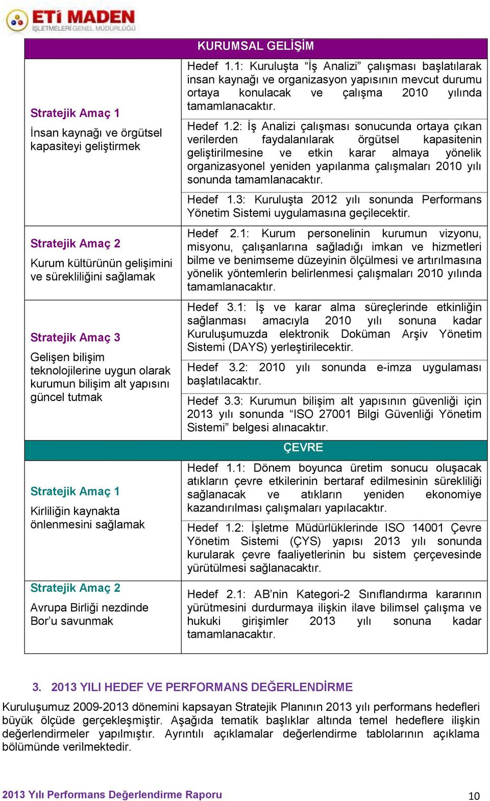 1: Kuruluşta İş Analizi çalışması başlatılarak insan kaynağı ve organizasyon yapısının mevcut durumu ortaya konulacak ve çalışma 2010 yılında tamamlanacaktır. Hedef 1.