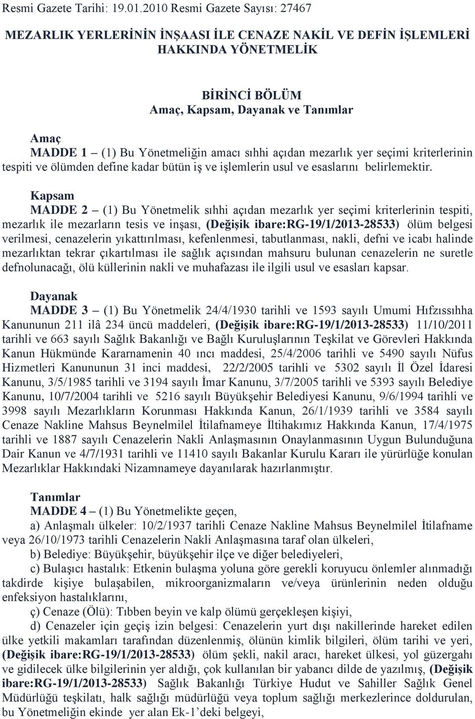 amacı sıhhi açıdan mezarlık yer seçimi kriterlerinin tespiti ve ölümden define kadar bütün iş ve işlemlerin usul ve esaslarını belirlemektir.