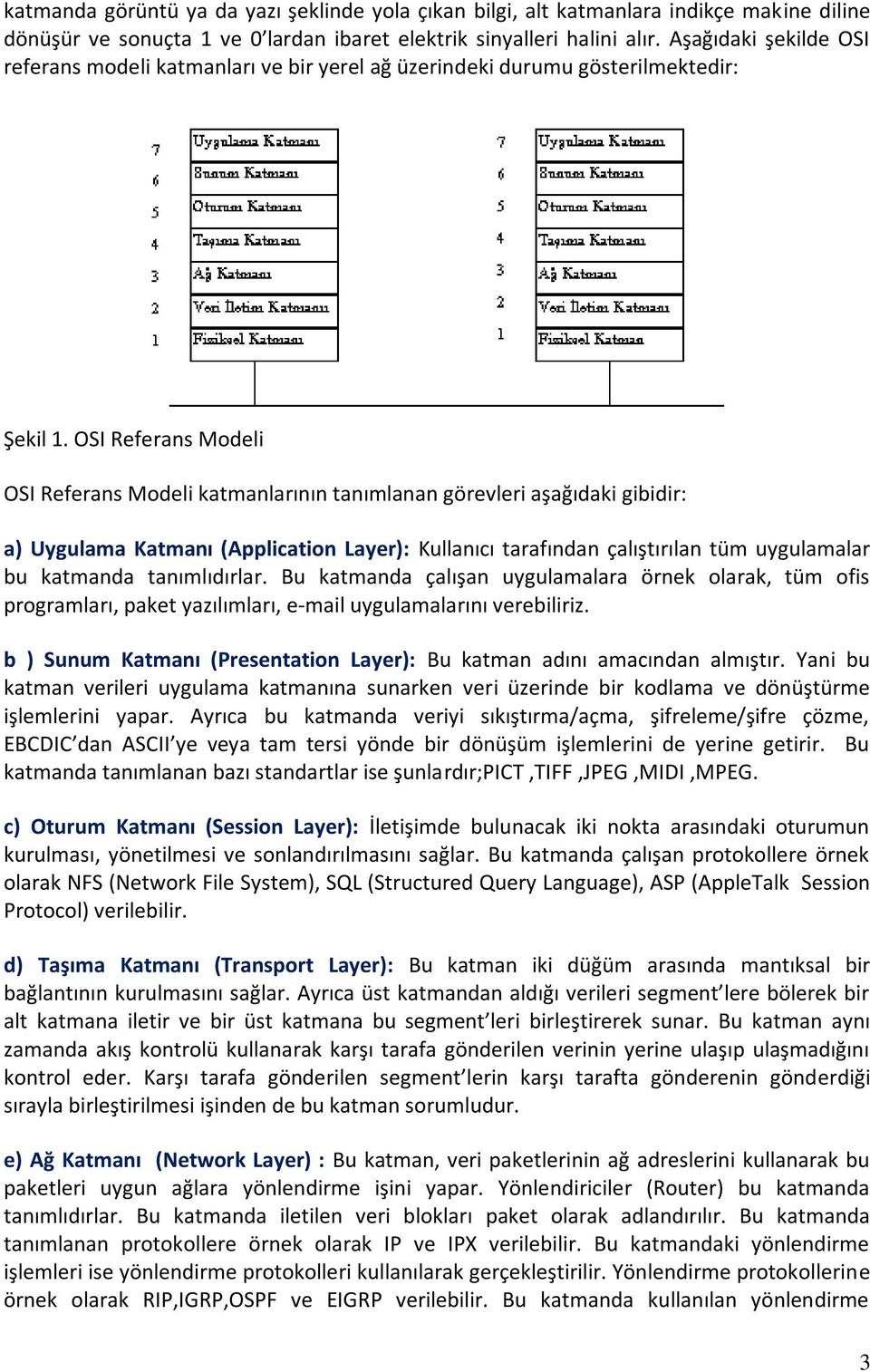 OSI Referans Modeli OSI Referans Modeli katmanlarının tanımlanan görevleri aşağıdaki gibidir: a) Uygulama Katmanı (Application Layer): Kullanıcı tarafından çalıştırılan tüm uygulamalar bu katmanda