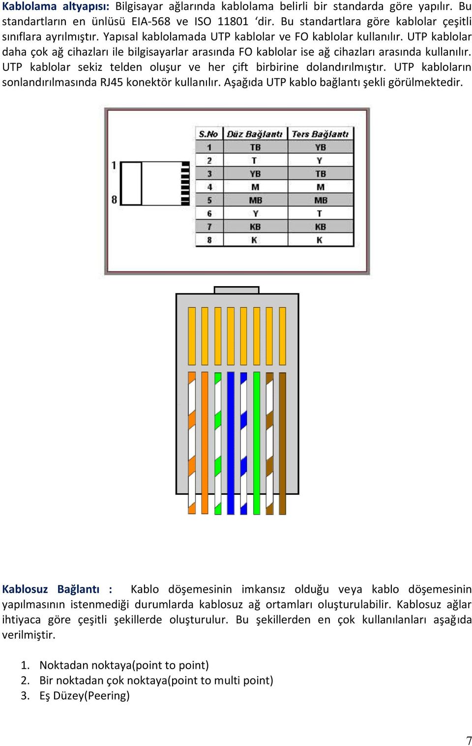 UTP kablolar daha çok ağ cihazları ile bilgisayarlar arasında FO kablolar ise ağ cihazları arasında kullanılır. UTP kablolar sekiz telden oluşur ve her çift birbirine dolandırılmıştır.