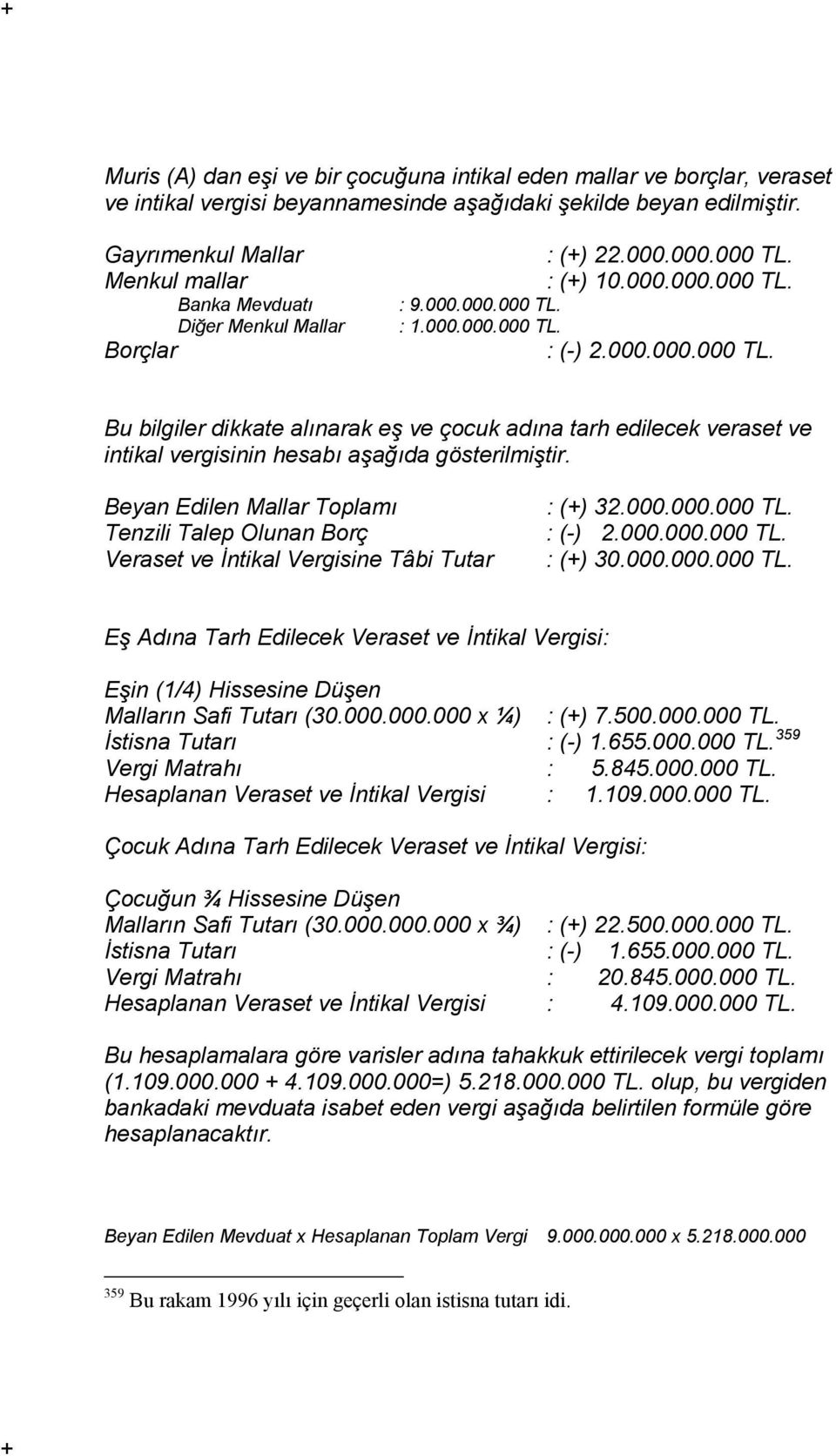 : (+) 10.000.000.000 TL. : 9.000.000.000 TL. : 1.000.000.000 TL. : (-) 2.000.000.000 TL. Bu bilgiler dikkate alınarak eş ve çocuk adına tarh edilecek veraset ve intikal vergisinin hesabı aşağıda gösterilmiştir.