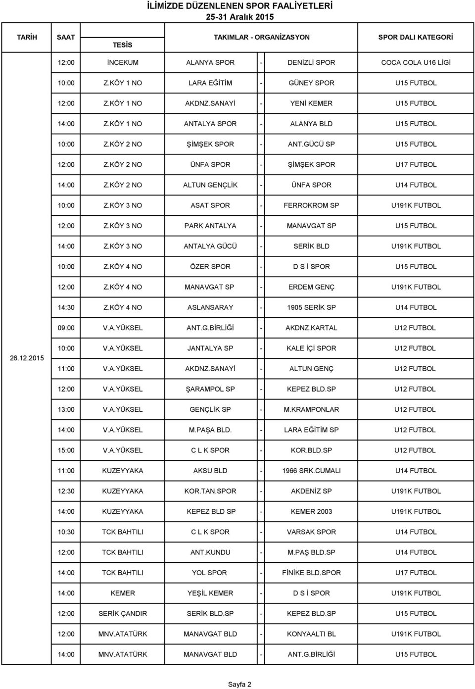 KÖY 2 NO ALTUN GENÇLİK - ÜNFA SPOR U14 FUTBOL Z.KÖY 3 NO ASAT SPOR - FERROKROM SP U191K FUTBOL 12:00 Z.KÖY 3 NO PARK ANTALYA - MANAVGAT SP U15 FUTBOL 14:00 Z.