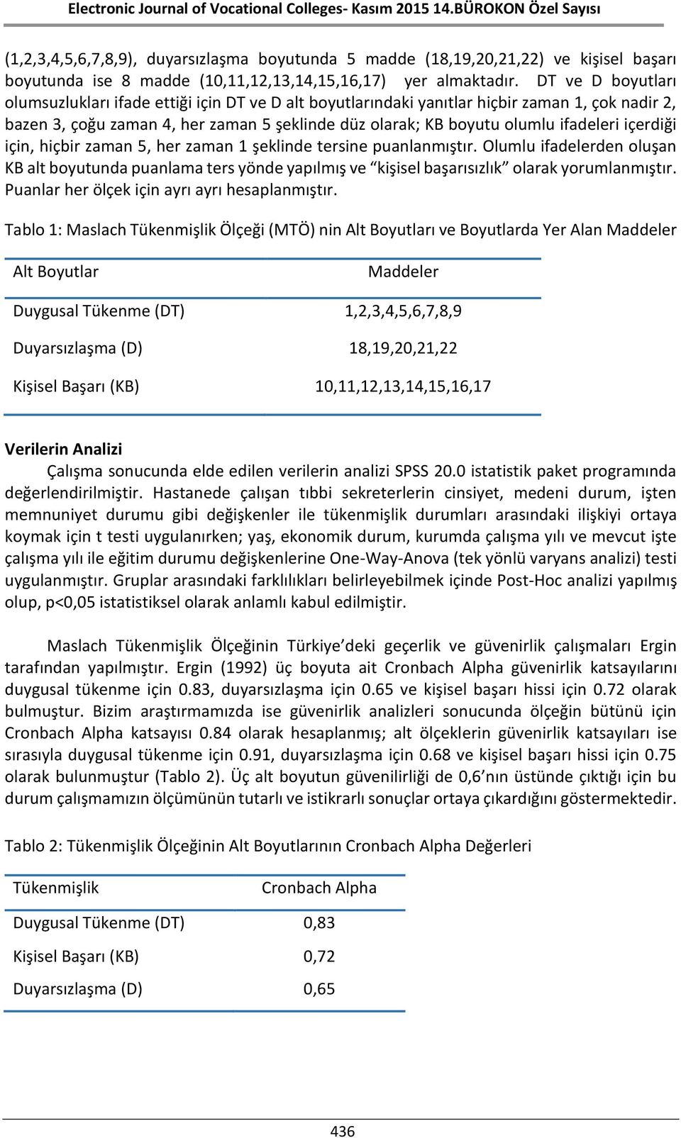 içerdiği için, hiçbir zaman 5, her zaman 1 şeklinde tersine puanlanmıştır. Olumlu ifadelerden oluşan KB alt boyutunda puanlama ters yönde yapılmış ve kişisel başarısızlık olarak yorumlanmıştır.