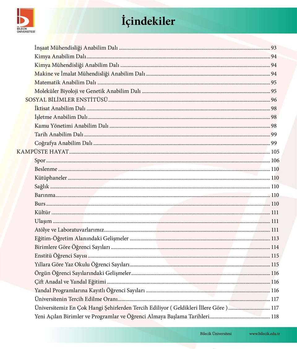 .. 99 Coğrafya Anabilim Dalı... 99 Kampüste Hayat... 105 Spor... 106 Beslenme... 110 Kütüphaneler... 110 Sağlık... 110 Barınma... 110 Burs... 110 Kültür... 111 Ulaşım.