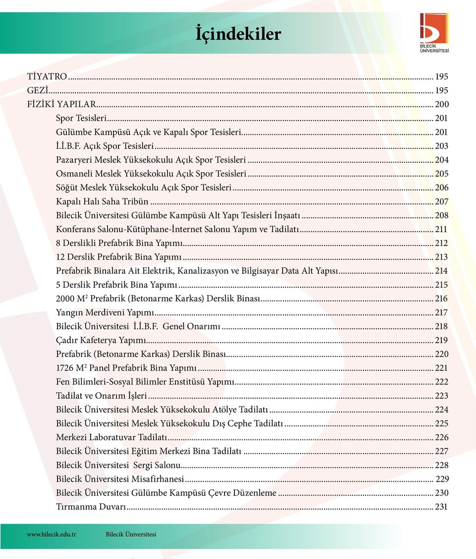 .. 207 Bilecik Üniversitesi Gülümbe Kampüsü Alt Yapı Tesisleri İnşaatı... 208 Konferans Salonu-Kütüphane-İnternet Salonu Yapım ve Tadilatı... 211 8 Derslikli Prefabrik Bina Yapımı.