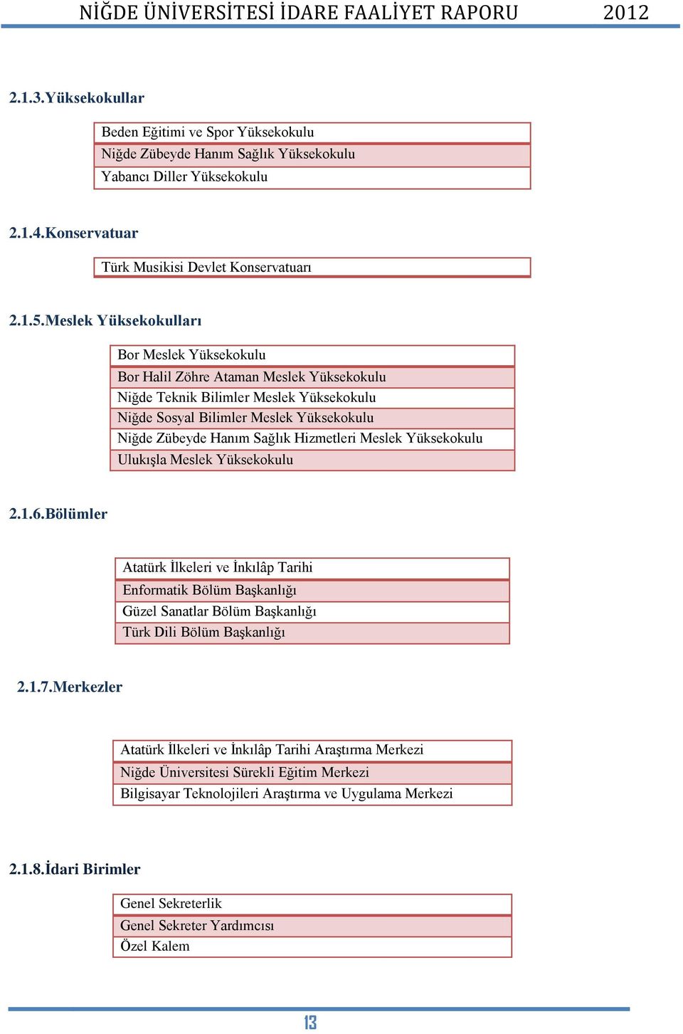 Hizmetleri Meslek Yüksekokulu Ulukışla Meslek Yüksekokulu 2.1.6.Bölümler Atatürk İlkeleri ve İnkılâp Tarihi Enformatik Bölüm Başkanlığı Güzel Sanatlar Bölüm Başkanlığı Türk Dili Bölüm Başkanlığı 2.1.7.