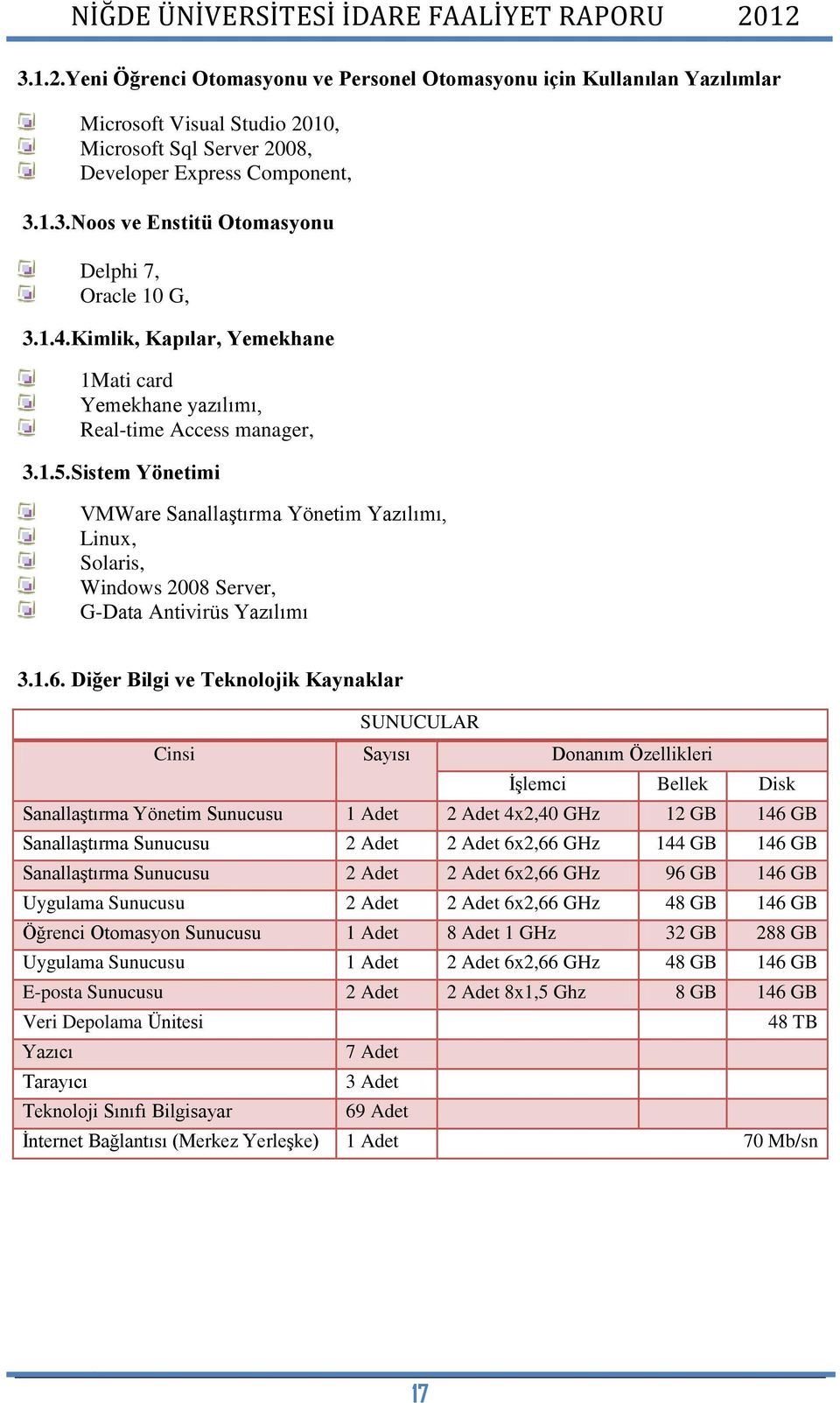 Sistem Yönetimi VMWare Sanallaştırma Yönetim Yazılımı, Linux, Solaris, Windows 2008 Server, G-Data Antivirüs Yazılımı 3.1.6.