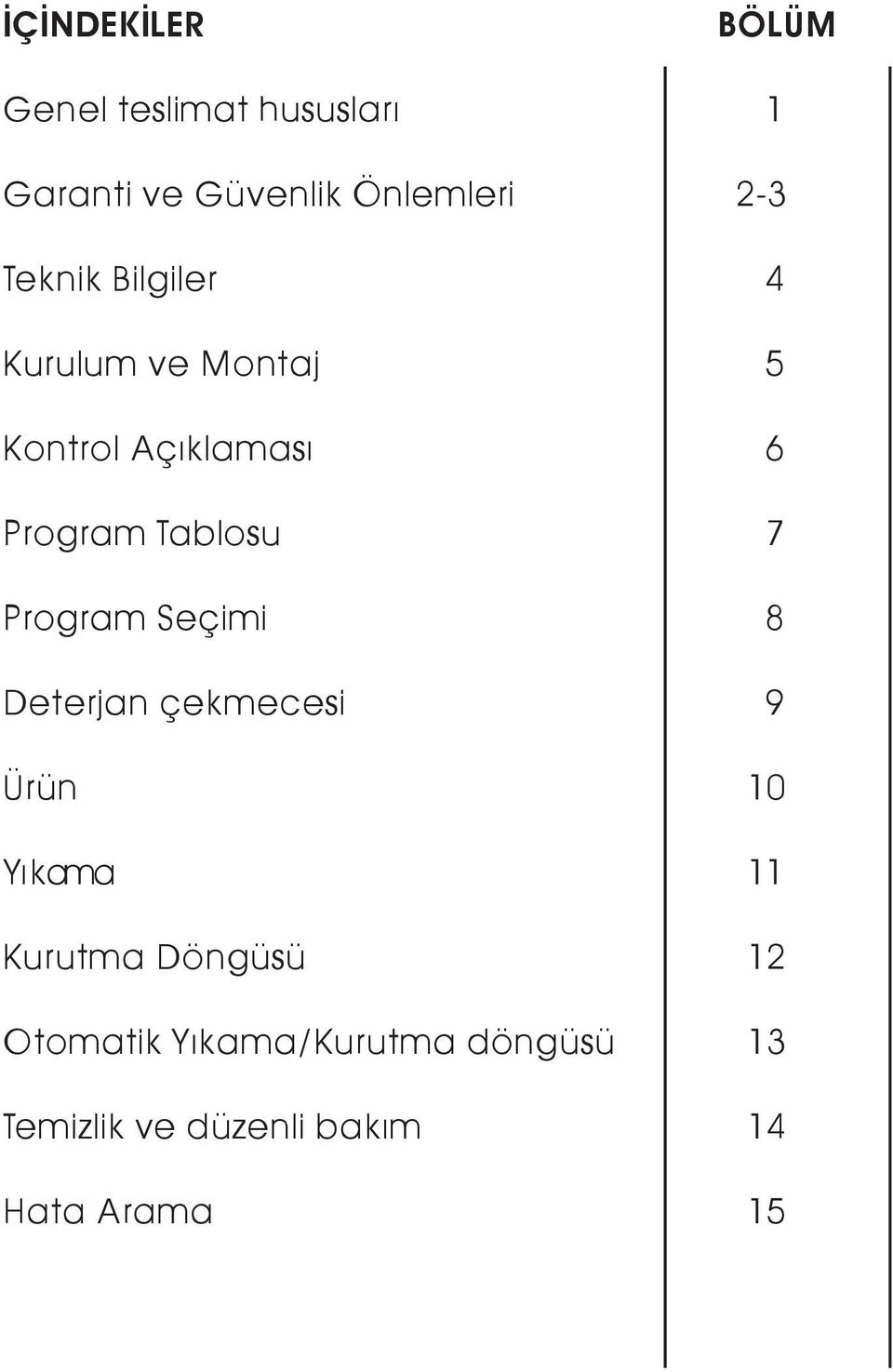 Tablosu 7 Program Seçimi 8 Deterjan çekmecesi 9 Ürün 10 Yıkama 11 Kurutma