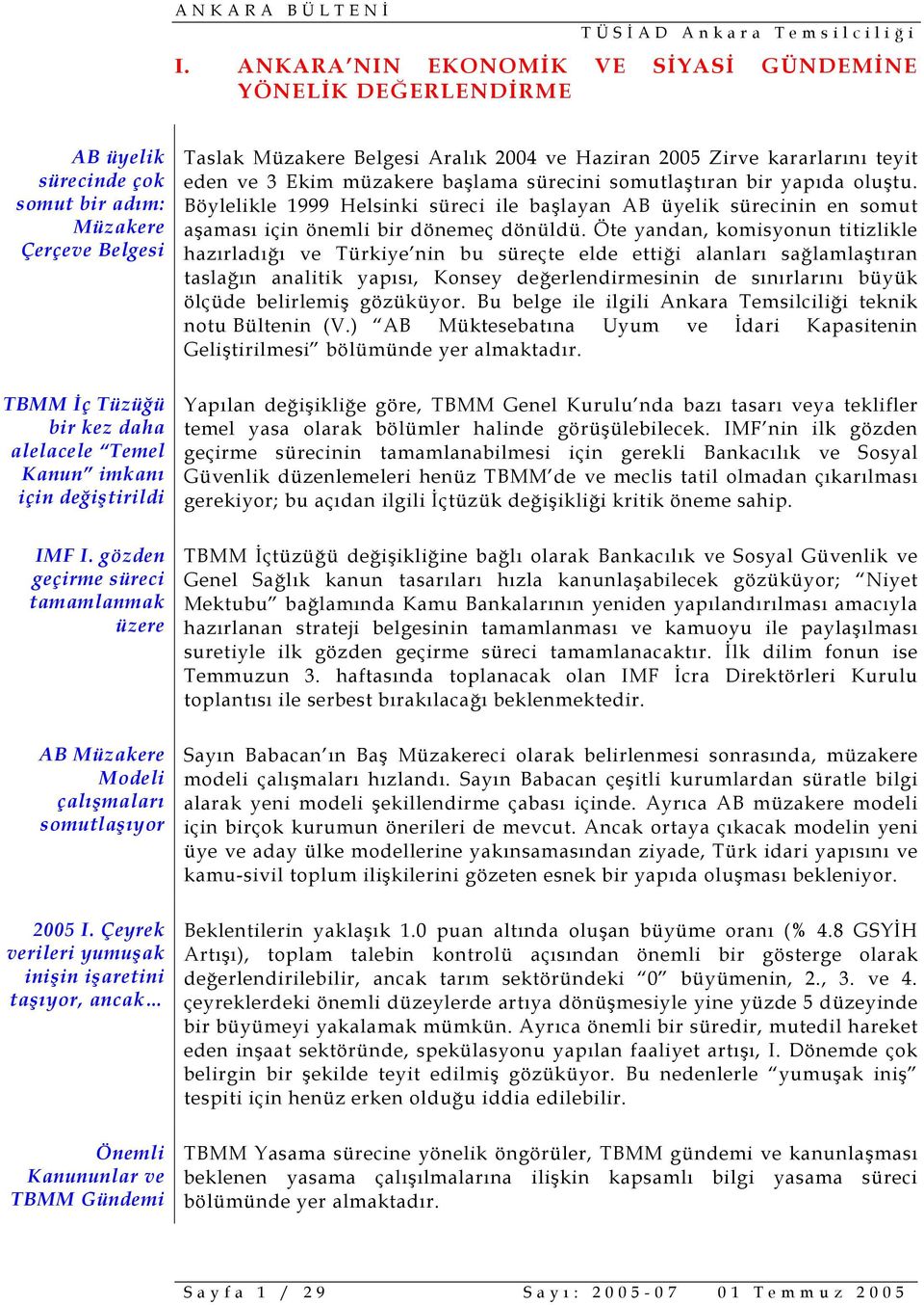 Çeyrek verileri yumuşak inişin işaretini taşıyor, ancak Önemli Kanununlar ve TBMM Gündemi Taslak Müzakere Belgesi Aralık 2004 ve Haziran 2005 Zirve kararlarını teyit eden ve 3 Ekim müzakere başlama