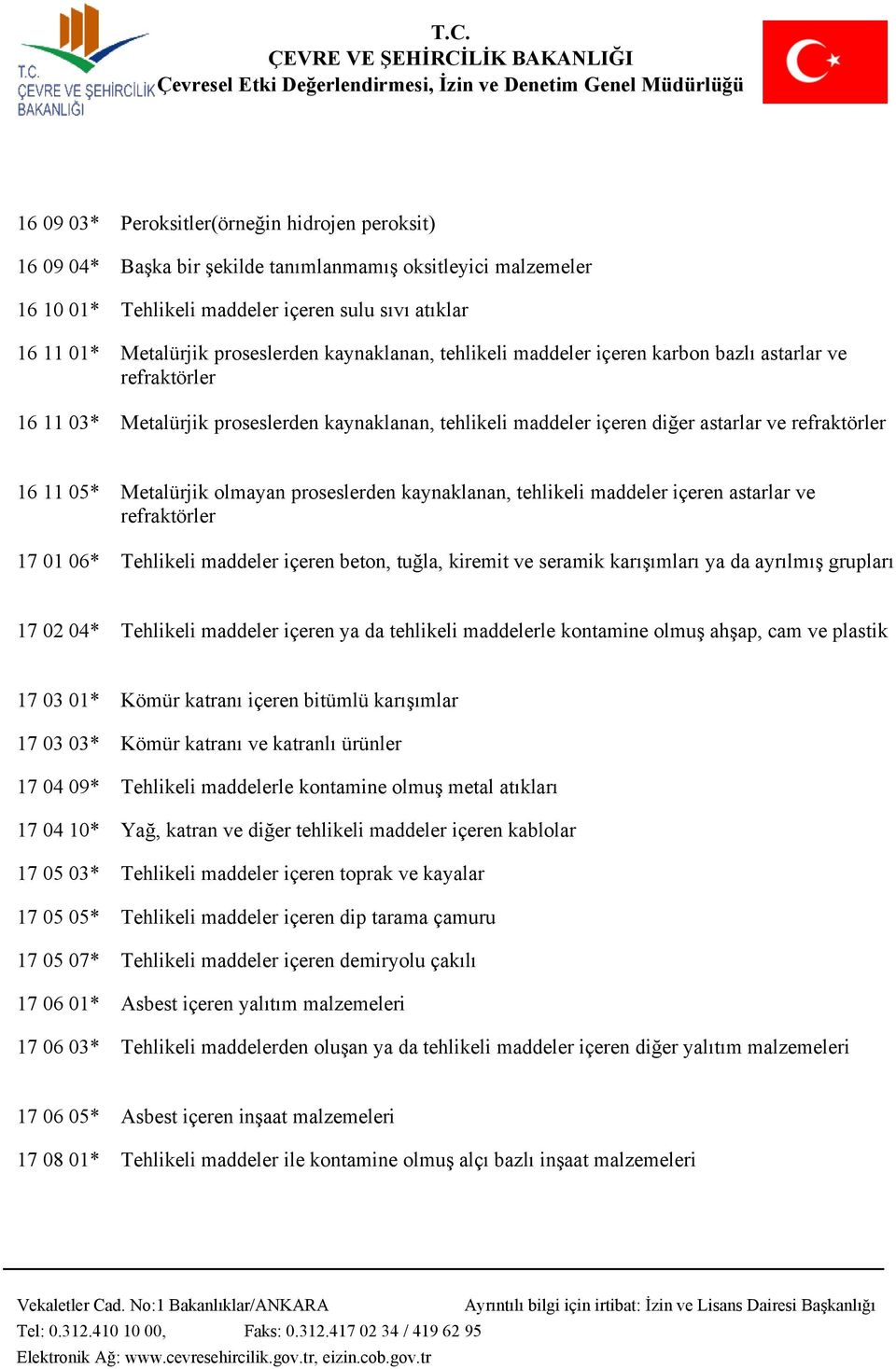 05* Metalürjik olmayan proseslerden kaynaklanan, tehlikeli maddeler içeren astarlar ve refraktörler 17 01 06* Tehlikeli maddeler içeren beton, tuğla, kiremit ve seramik karışımları ya da ayrılmış