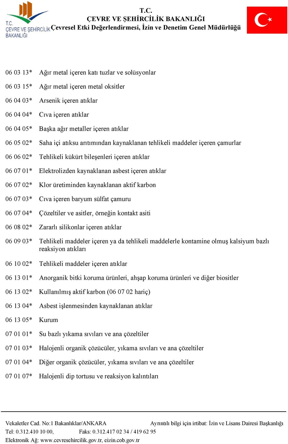 atıklar 06 07 02* Klor üretiminden kaynaklanan aktif karbon 06 07 03* Cıva içeren baryum sülfat çamuru 06 07 04* Çözeltiler ve asitler, örneğin kontakt asiti 06 08 02* Zararlı silikonlar içeren