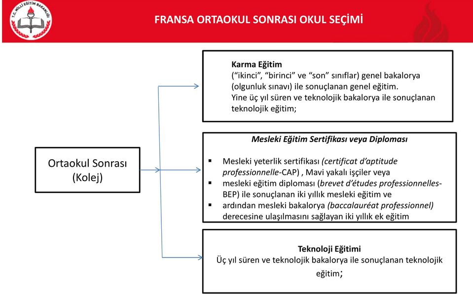 (certificat d aptitude professionnelle-cap), Mavi yakalı işçiler veya mesleki eğitim diploması (brevet d études professionnelles- BEP) ile sonuçlanan iki yıllık mesleki