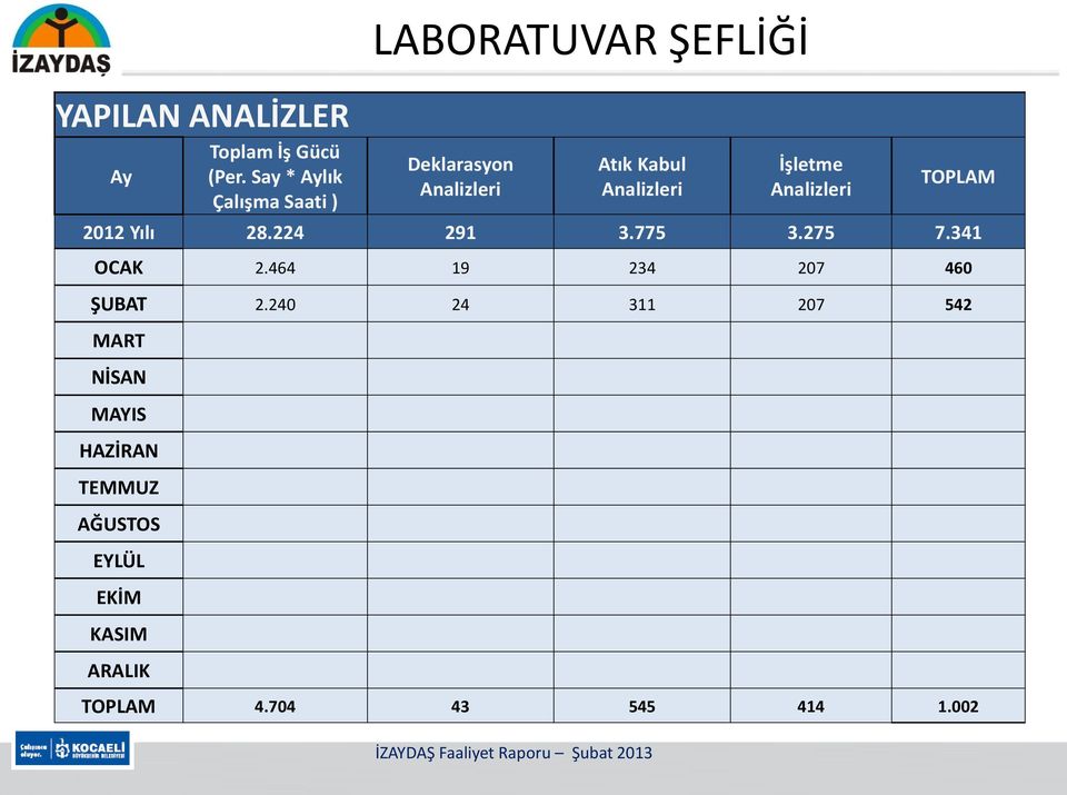 Analizleri TOPLAM 2012 Yılı 28.224 291 3.775 3.275 7.341 OCAK 2.