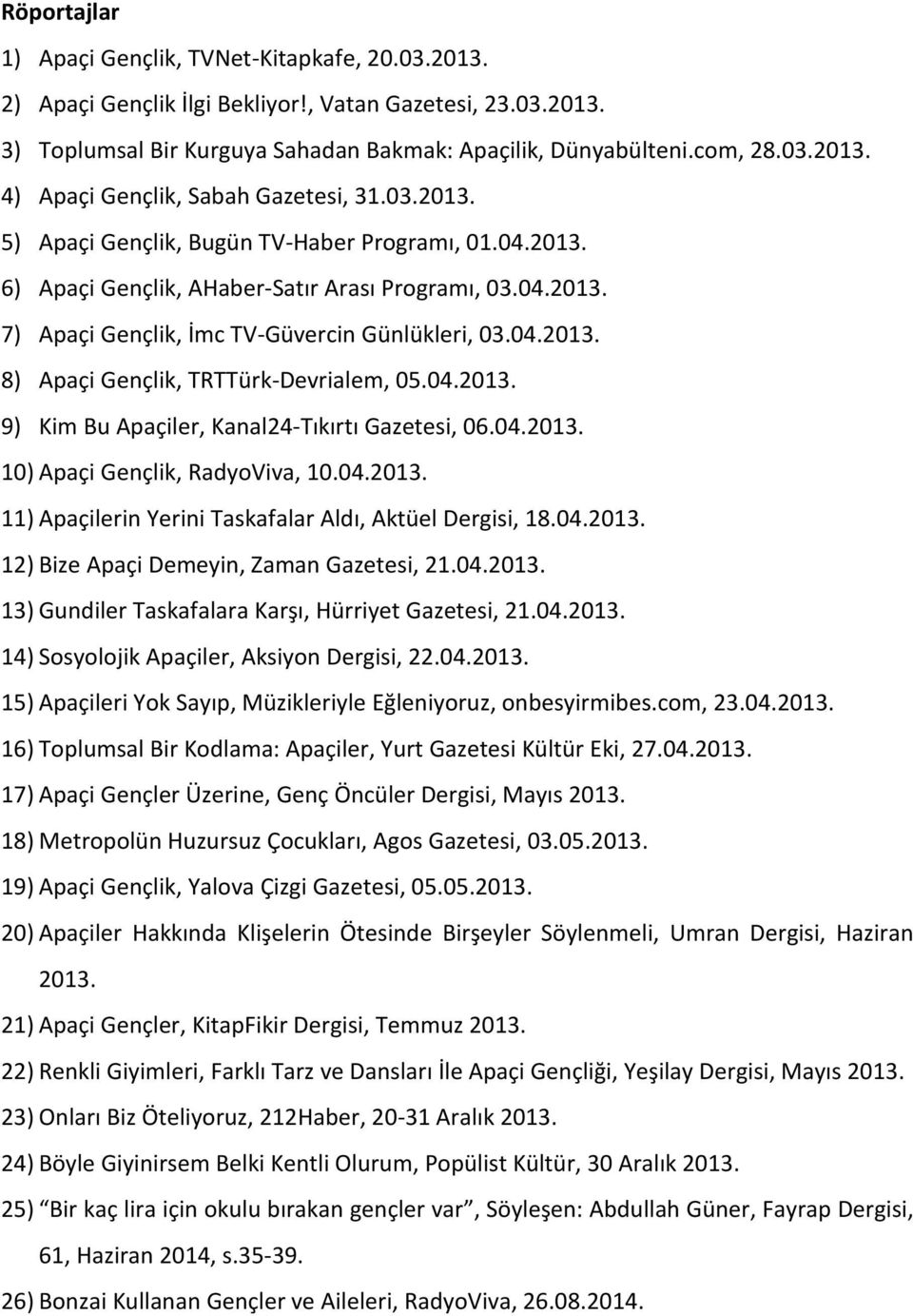 04.2013. 9) Kim Bu Apaçiler, Kanal24-Tıkırtı Gazetesi, 06.04.2013. 10) Apaçi Gençlik, RadyoViva, 10.04.2013. 11) Apaçilerin Yerini Taskafalar Aldı, Aktüel Dergisi, 18.04.2013. 12) Bize Apaçi Demeyin, Zaman Gazetesi, 21.