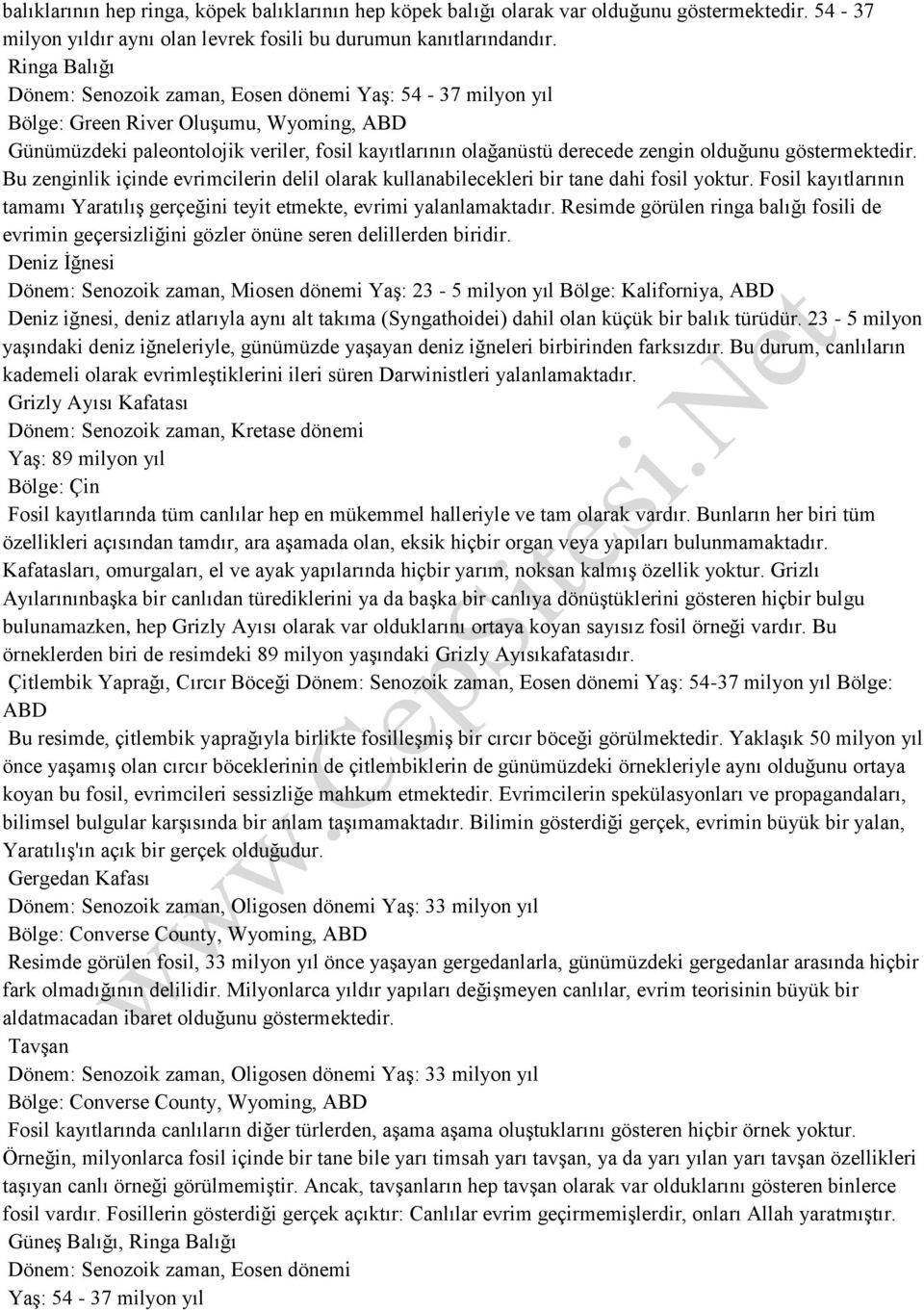 olduğunu göstermektedir. Bu zenginlik içinde evrimcilerin delil olarak kullanabilecekleri bir tane dahi fosil yoktur.