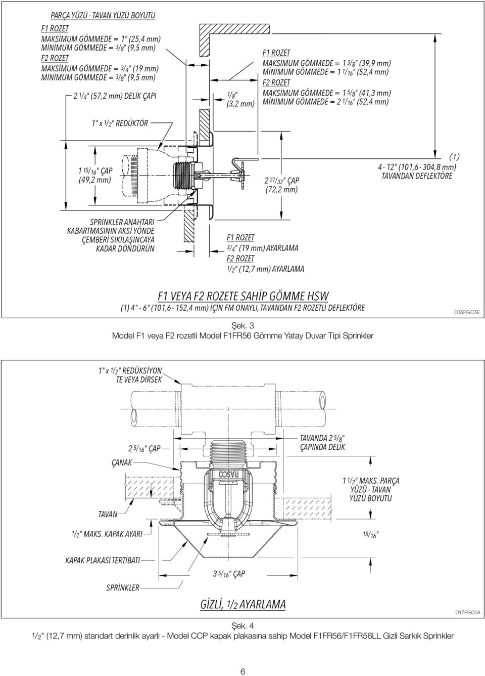 ÇAP (72,2 mm) 4-12" (101,6-304,8 mm) TAVANDAN DEFLEKTÖRE SPRINKLER ANAHTARI KABARTMASININ AKSI YÖNDE ÇEMBERI SIKILAŞINCAYA KADAR DÖNDÜRÜN 3/4" (19 mm) AYARLAMA 1/2" (12,7 mm) AYARLAMA F1 VEYA E SAHIP