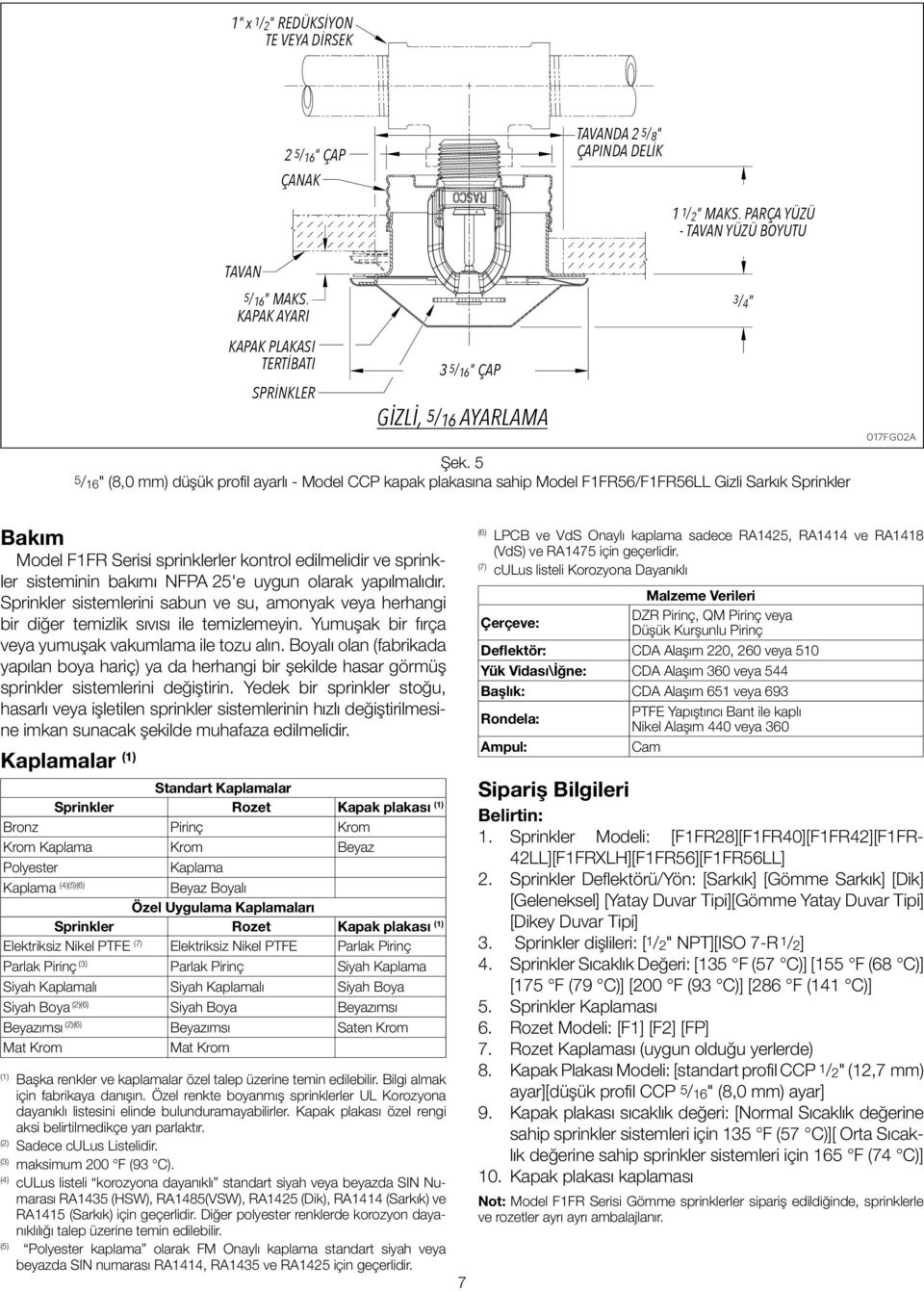 5 5/16" (8,0 mm) düşük profil ayarlı - Model CCP kapak plakasına sahip Model F1FR56/F1FR56LL Gizli Sprinkler 3/4" 017FG02A Bakım Model F1FR Serisi sprinklerler kontrol edilmelidir ve sprinkler