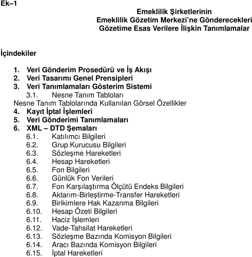 Veri Gönderimi Tanımlamaları 6. XML DTD Şemaları 6.1. Katılımcı Bilgileri 6.2. Grup Kurucusu Bilgileri 6.3. Sözleşme Hareketleri 6.4. Hesap Hareketleri 6.5. Fon Bilgileri 6.6. Günlük Fon Verileri 6.7.