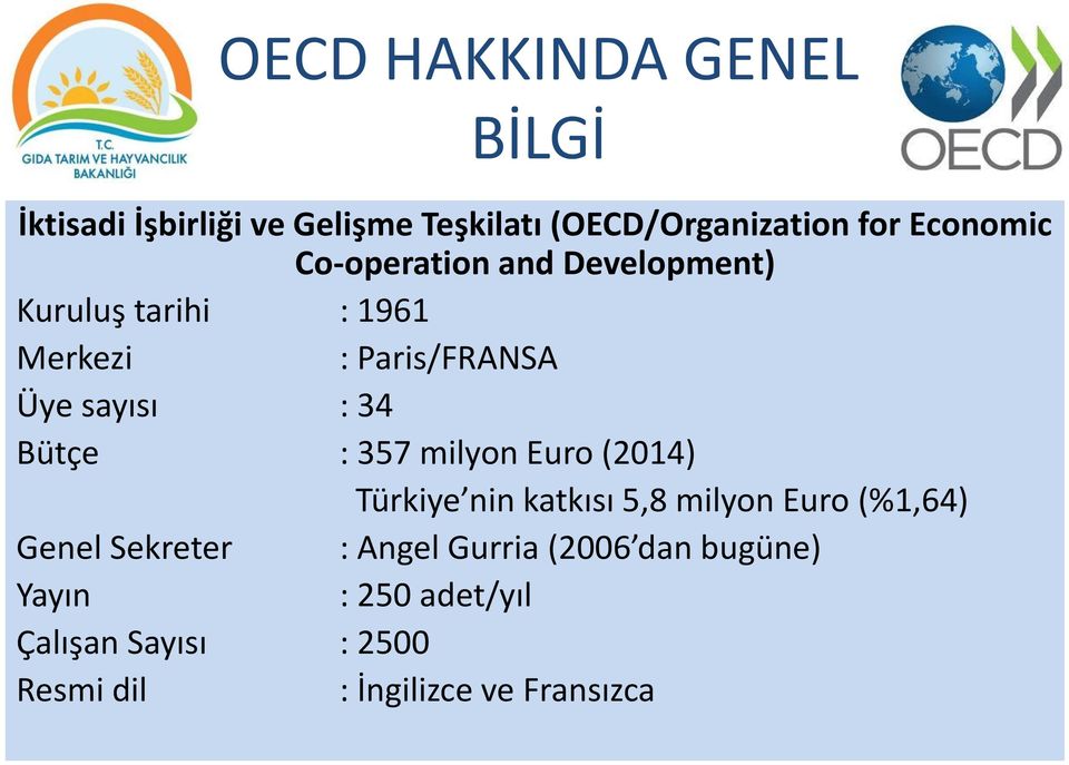 : 357 milyon Euro (2014) Türkiye nin katkısı 5,8 milyon Euro (%1,64) Genel Sekreter : Angel