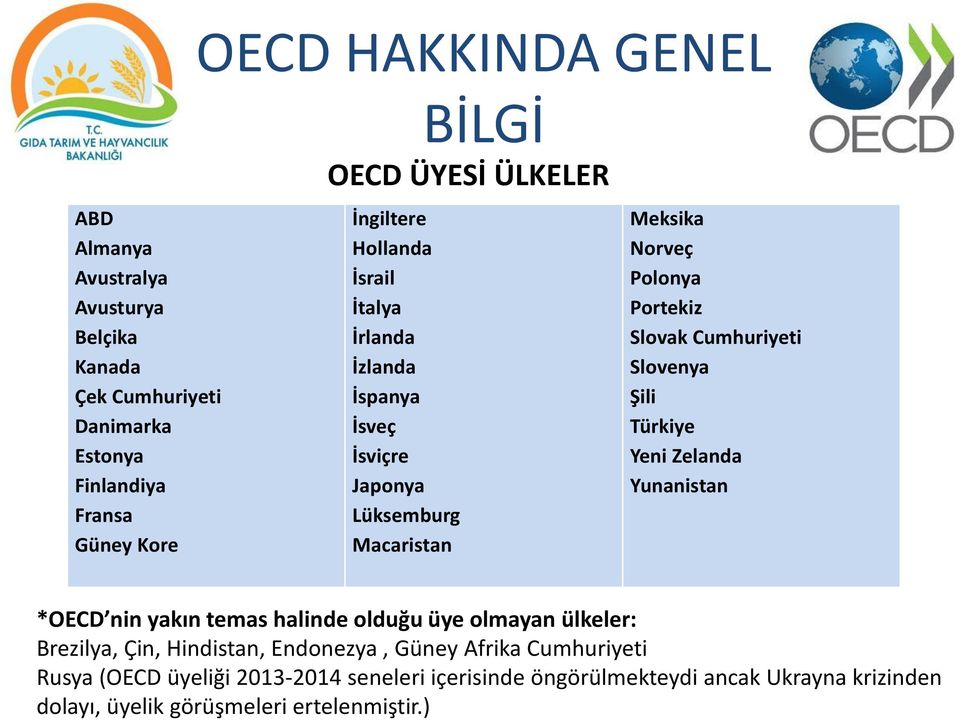 Cumhuriyeti Slovenya Şili Türkiye Yeni Zelanda Yunanistan *OECD nin yakın temas halinde olduğu üye olmayan ülkeler: Brezilya, Çin, Hindistan,