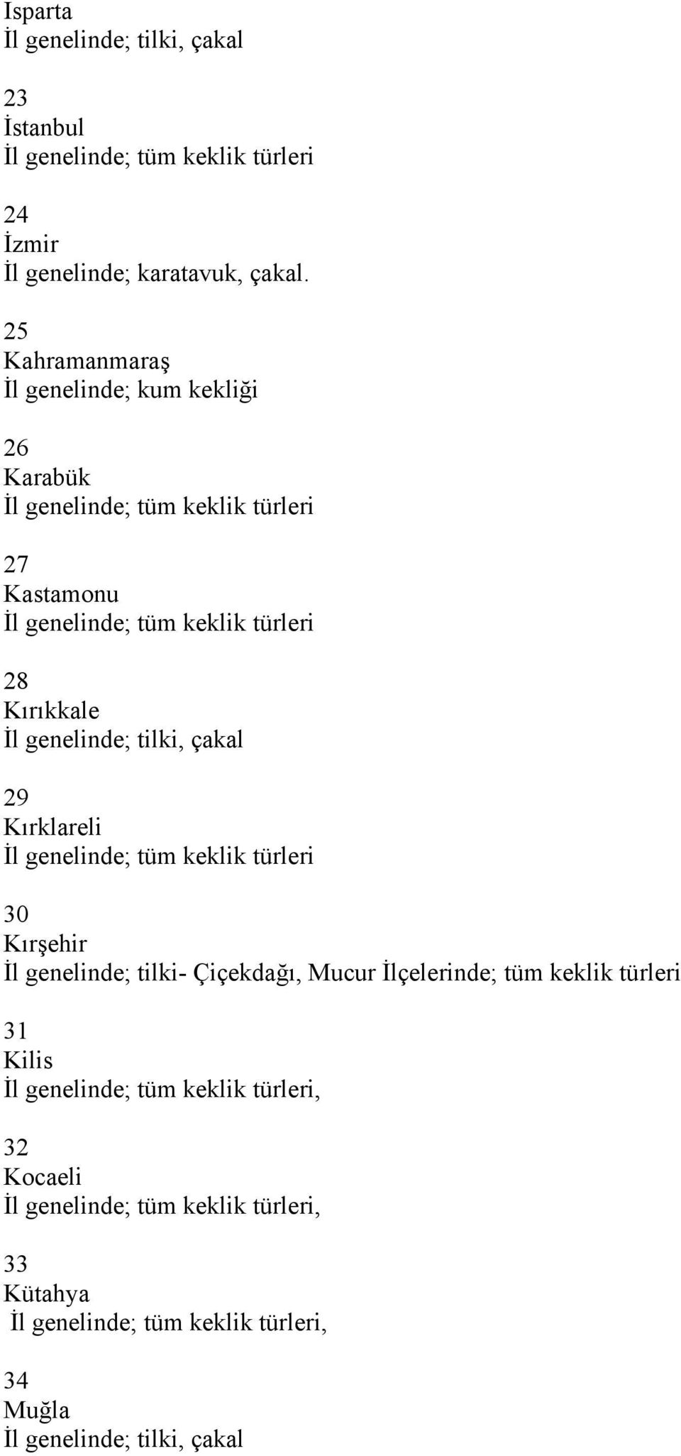 İl genelinde; tilki, çakal 29 Kırklareli İl genelinde; tüm keklik türleri 30 Kırşehir İl genelinde; tilki- Çiçekdağı, Mucur İlçelerinde; tüm keklik