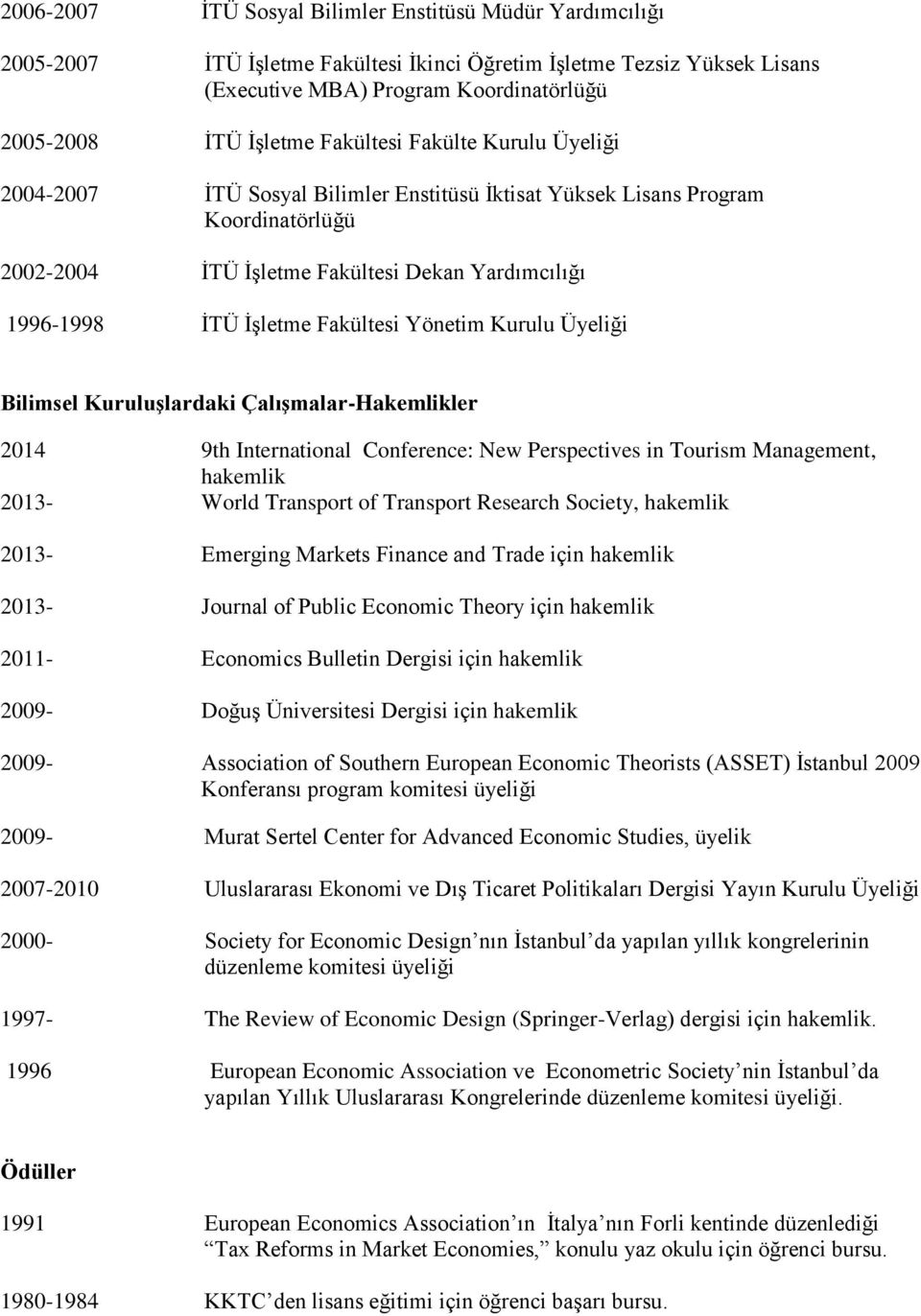 Fakültesi Yönetim Kurulu Üyeliği Bilimsel Kuruluşlardaki Çalışmalar-Hakemlikler 2014 9th International Conference: New Perspectives in Tourism Management, hakemlik 2013- World Transport of Transport