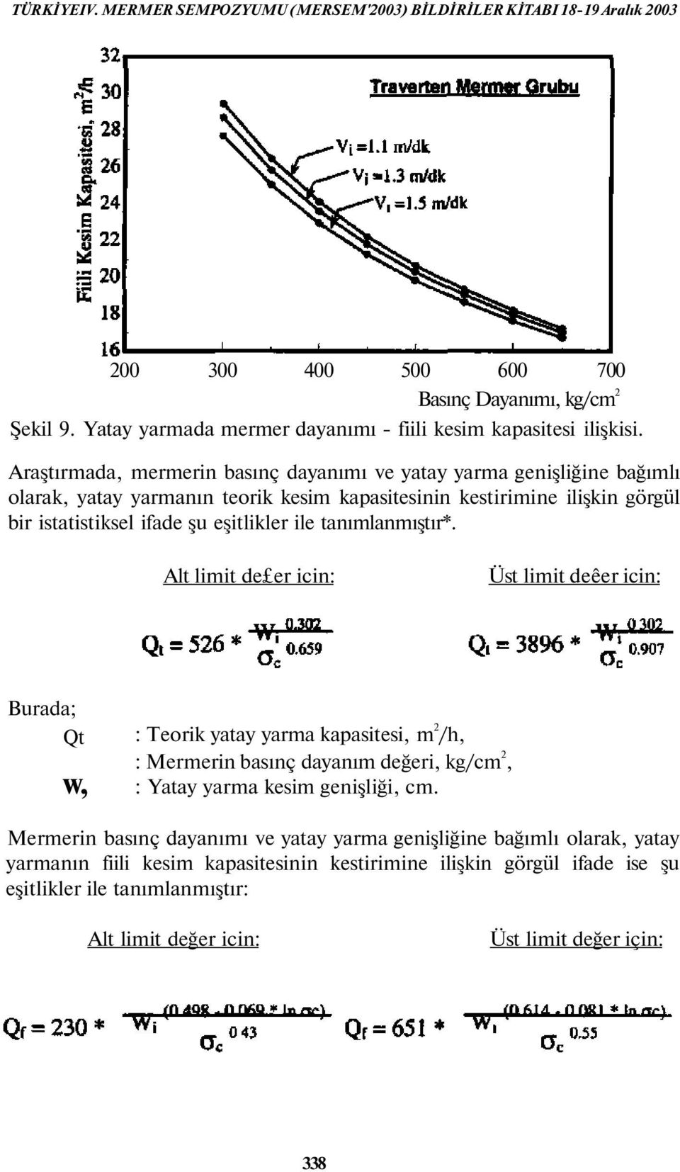 Araştırmada, mermerin basınç dayanımı ve yatay yarma genişliğine bağımlı olarak, yatay yarmanın teorik kesim kapasitesinin kestirimine ilişkin görgül bir istatistiksel ifade şu eşitlikler ile