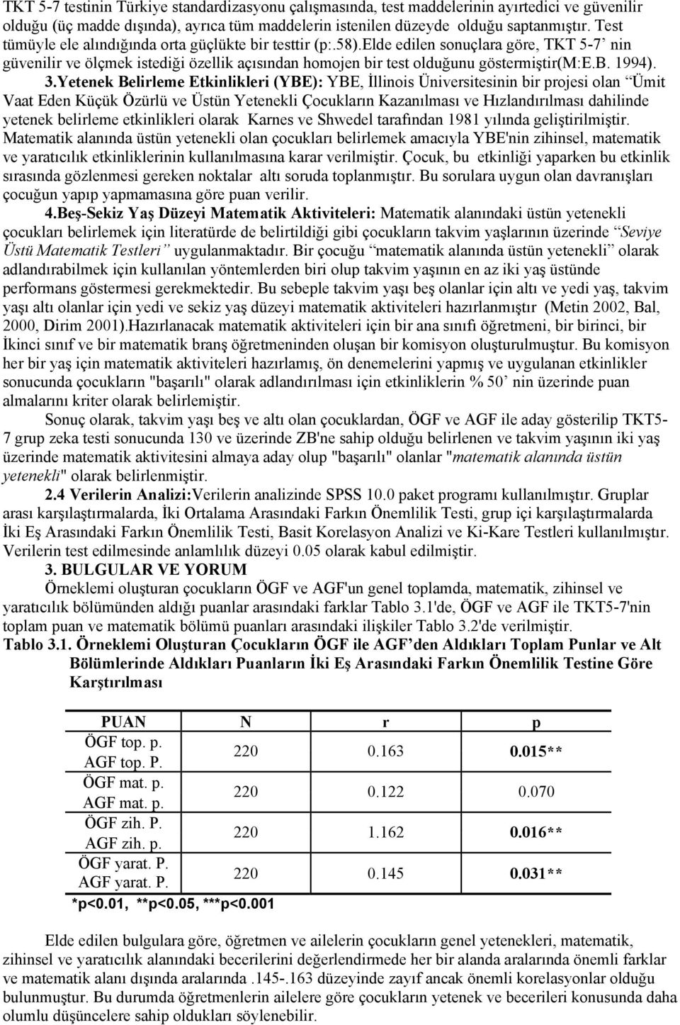 3.Yetenek Belirleme Etkinlikleri (YBE): YBE, İllinois Üniversitesinin bir projesi olan Ümit Vaat Eden Küçük Özürlü ve Üstün Yetenekli Çocukların Kazanılması ve Hızlandırılması dahilinde yetenek