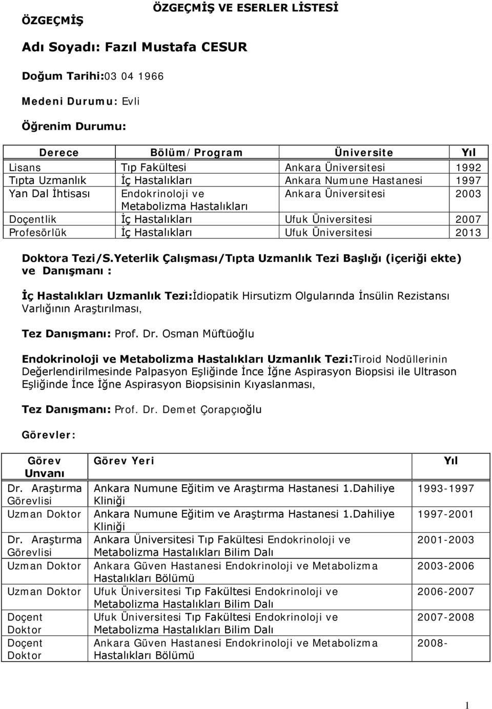 Üniversitesi 2007 Profesörlük İç Hastalıkları Ufuk Üniversitesi 2013 Doktora Tezi/S.