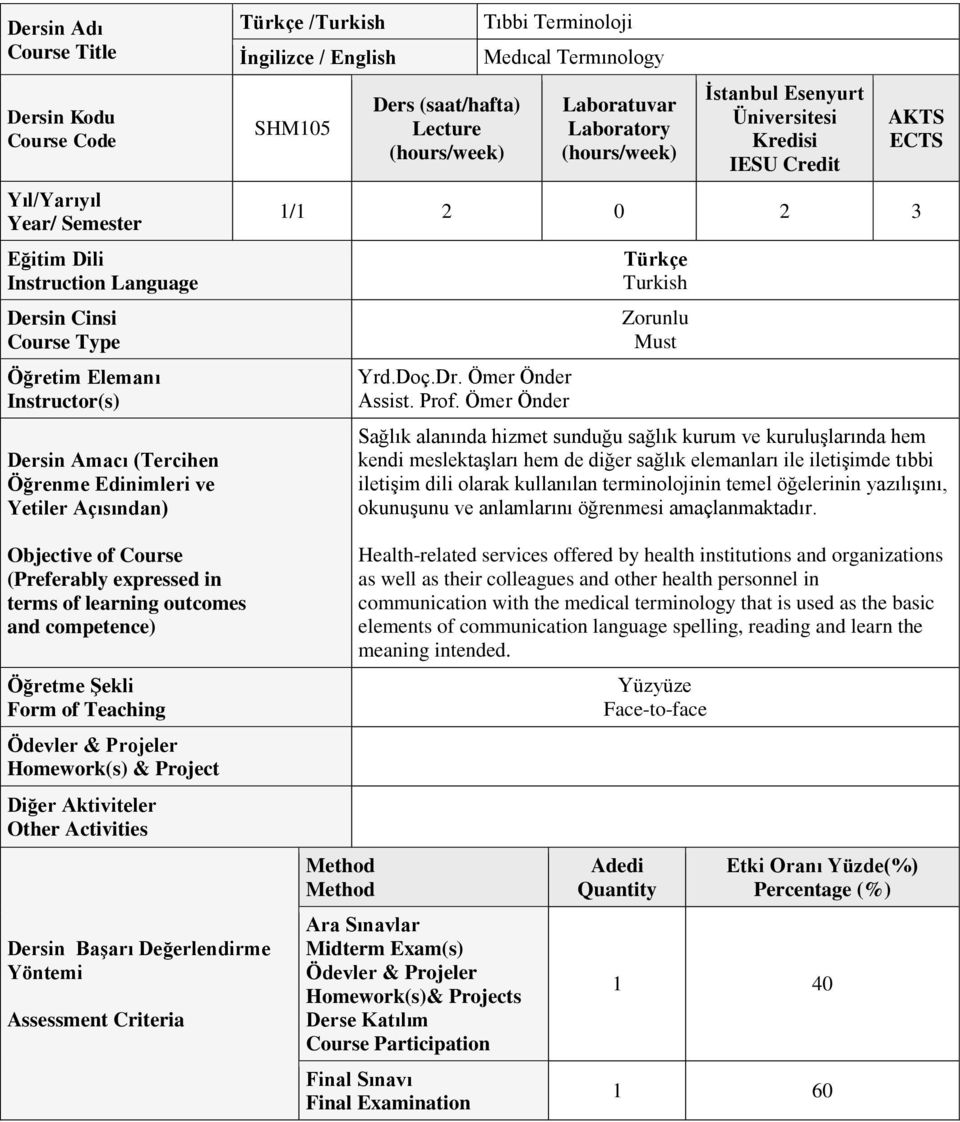 Kredisi IESU Credit AKTS ECTS 1/1 2 0 2 3 Yrd.Doç.Dr. Ömer Önder Assist. Prof.