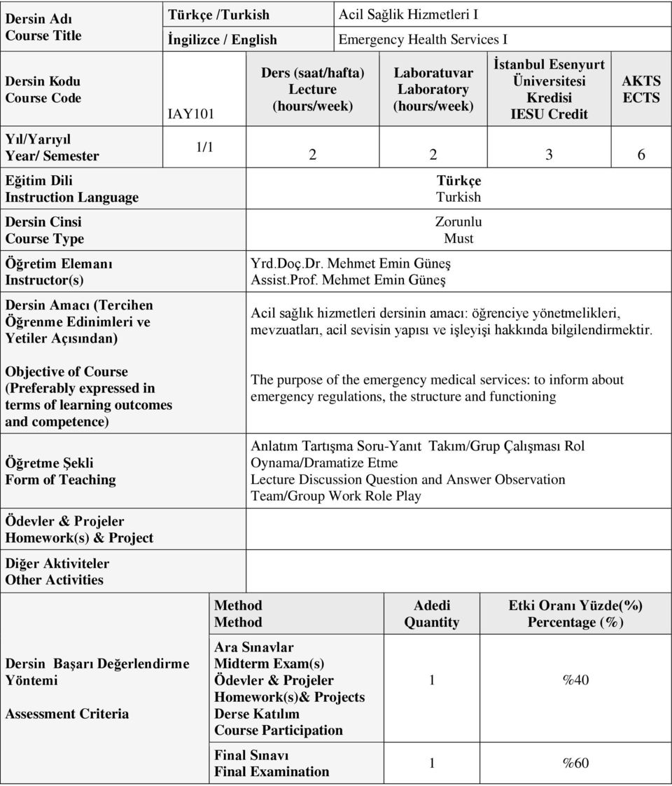 Üniversitesi Kredisi IESU Credit AKTS ECTS 2 2 3 6 Yrd.Doç.Dr. Mehmet Emin Güneş Assist.Prof.