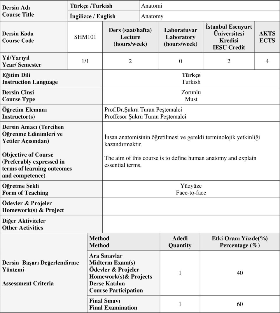 Activities Dersin Başarı Değerlendirme Yöntemi Assessment Criteria Türkçe /Turkish İngilizce / English SHM101 Anatomi Ders (saat/hafta) Lecture Anatomy Laboratuvar Laboratory İstanbul Esenyurt