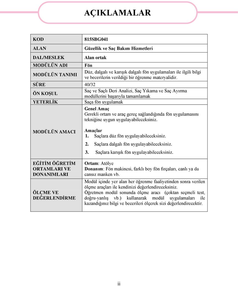 SÜRE 40/32 Saç ve Saçlı Deri Analizi, Saç Yıkama ve Saç Ayırma ÖN KOŞUL modüllerini başarıyla tamamlamak YETERLİK Saça fön uygulamak Genel Amaç Gerekli ortam ve araç gereç sağlandığında fön