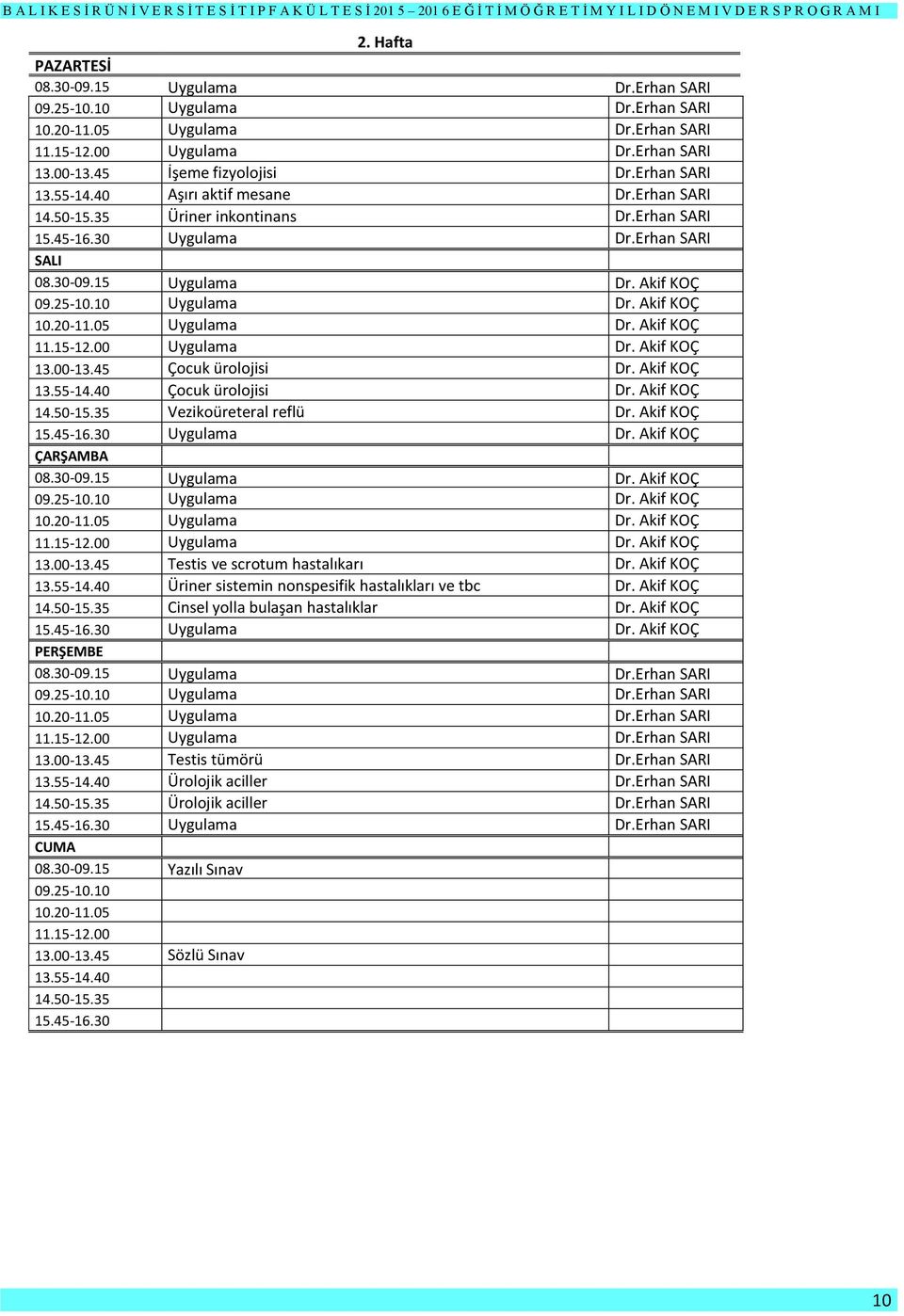 05 Uygulama Dr. Akif KOÇ 11.15-12.00 Uygulama Dr. Akif KOÇ 13.00-13.45 Çocuk ürolojisi Dr. Akif KOÇ 13.55-14.40 Çocuk ürolojisi Dr. Akif KOÇ 14.50-15.35 Vezikoüreteral reflü Dr. Akif KOÇ 15.45-16.