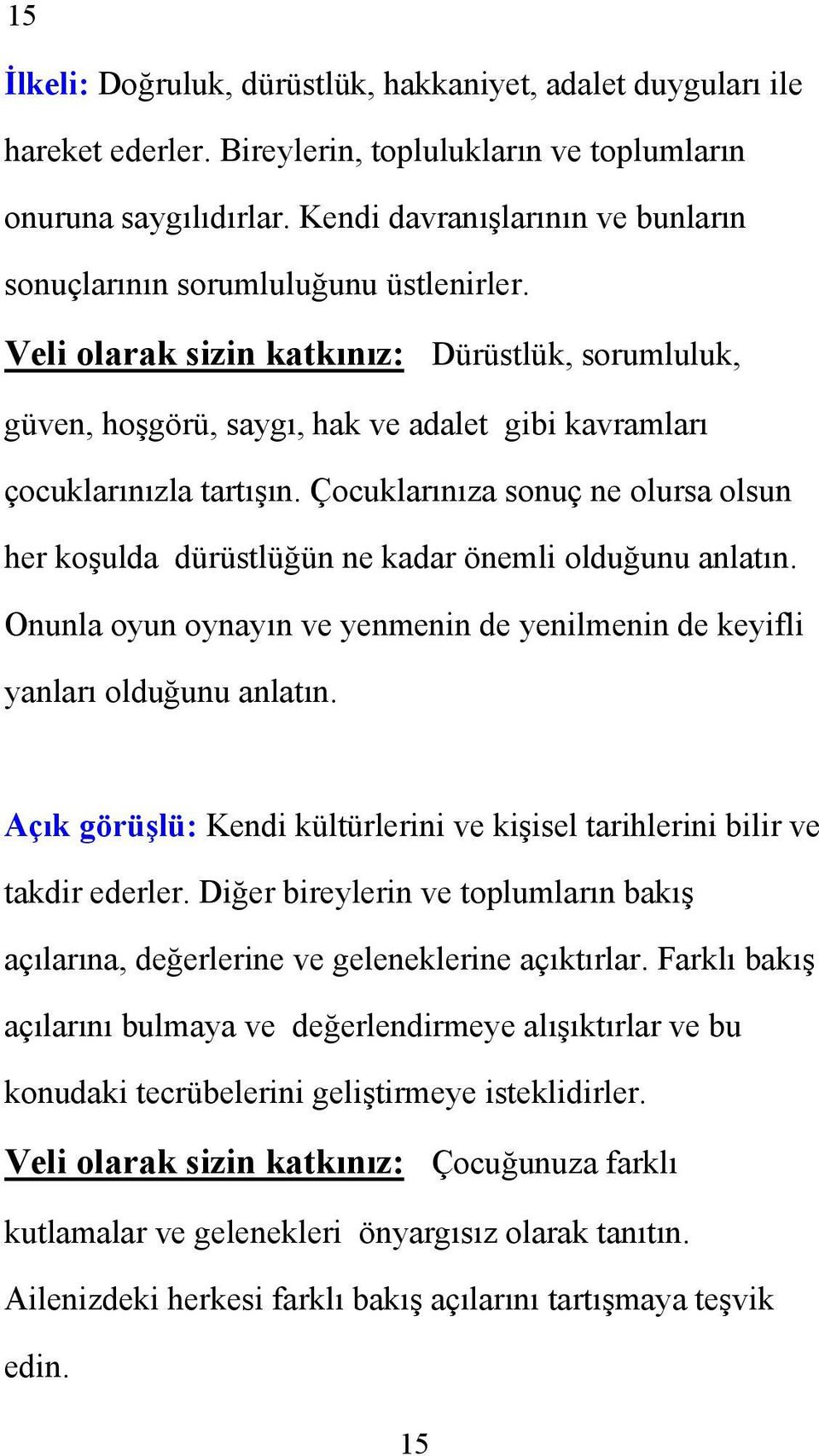 Veli olarak sizin katkınız: Dürüstlük, sorumluluk, güven, hoşgörü, saygı, hak ve adalet gibi kavramları çocuklarınızla tartışın.