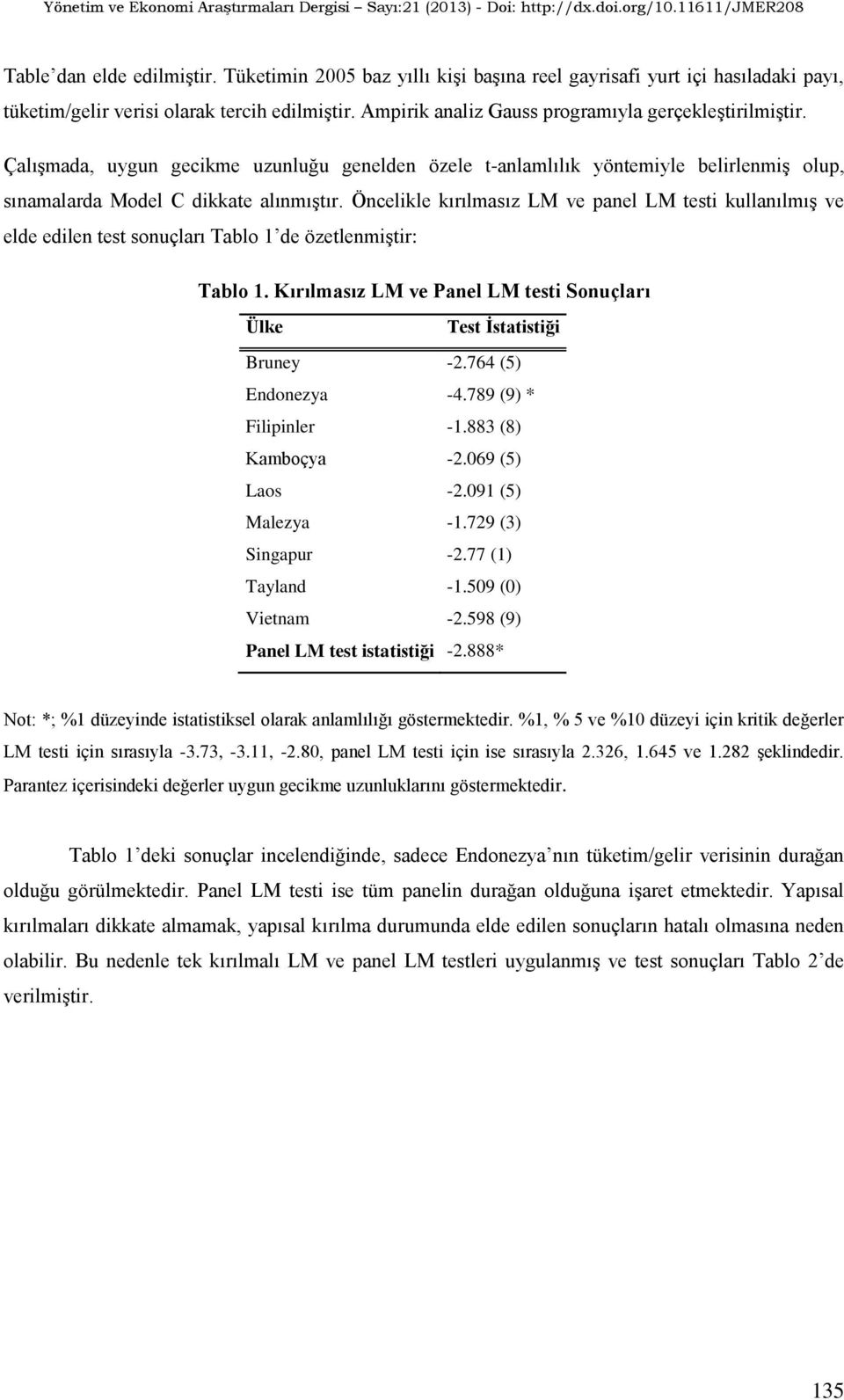 Öncelikle kırılmasız LM ve panel LM testi kullanılmış ve elde edilen test sonuçları Tablo 1 de özetlenmiştir: Tablo 1. Kırılmasız LM ve Panel LM testi Sonuçları Ülke Test Ġstatistiği Bruney -2.