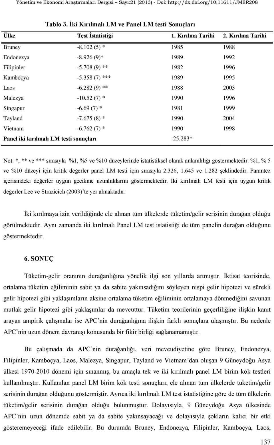 762 (7) * 1990 1998 Panel iki kırılmalı LM testi sonuçları -25.283* Not: *, ** ve *** sırasıyla %1, %5 ve %10 düzeylerinde istatistiksel olarak anlamlılığı göstermektedir.