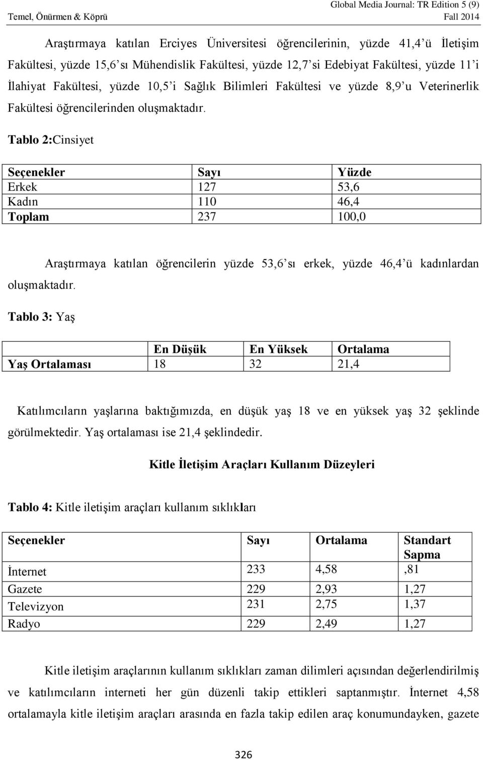 Tablo 3: Yaş Araştırmaya katılan öğrencilerin yüzde 53,6 sı erkek, yüzde 46,4 ü kadınlardan En Düşük En Yüksek Ortalama Yaş Ortalaması 18 32 21,4 Katılımcıların yaşlarına baktığımızda, en düşük yaş