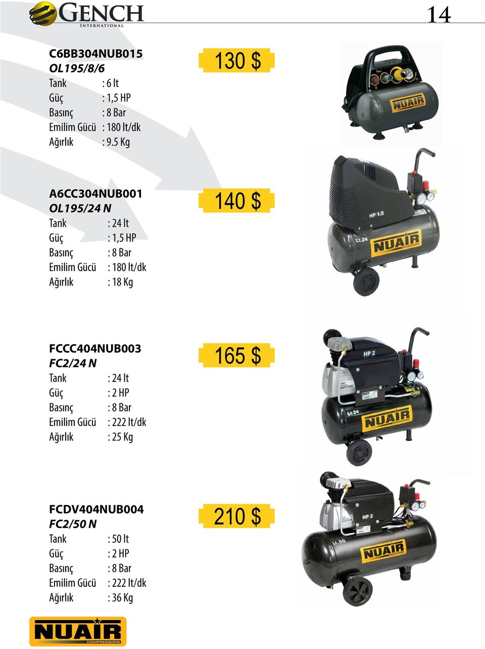 18 Kg 140 $ FCCC404NUB003 FC2/24 N : 24 lt : 2 HP Basınç : 8 Bar Emilim Gücü : 222 lt/dk Ağırlık : 25