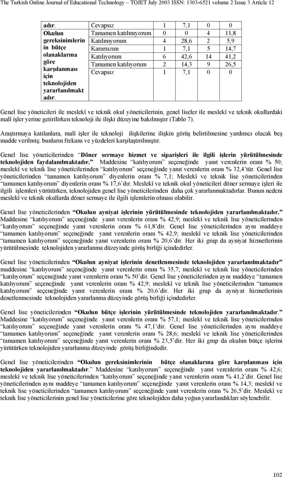 Genel lise yöneticileri ile meslekî ve teknik okul yöneticilerinin, genel liseler ile meslekî ve teknik okullardaki malî işler yerine getirilirken teknoloji ile ilişki düzeyine bakılmıştır (Tablo 7).