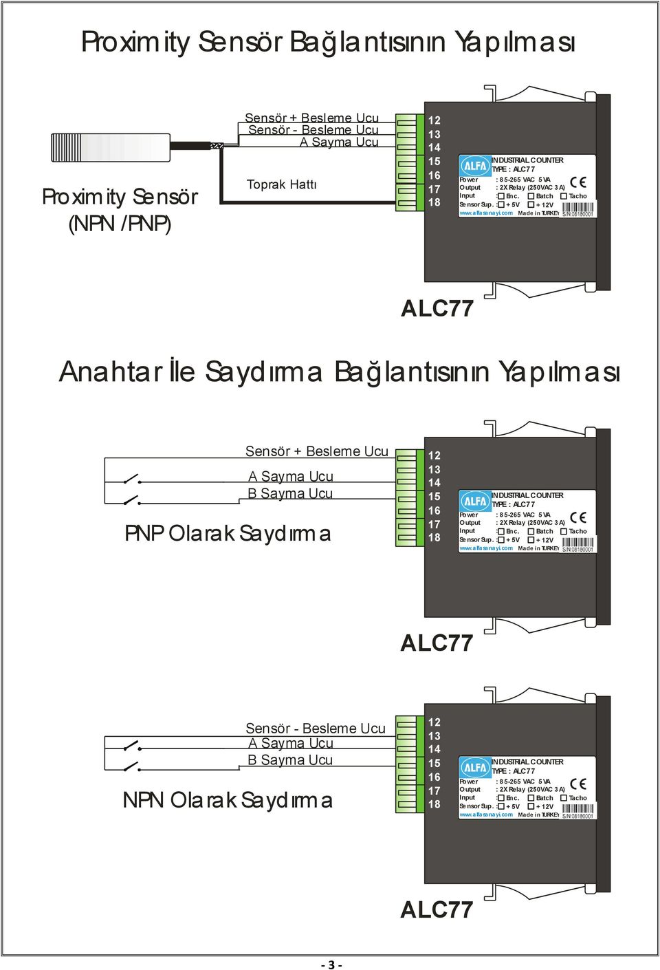 com Made in TURKEY ALC77 Anahtar İle Saydırma Bağlantısının Yapılm ası Sensör + Besleme Ucu A Sayma Ucu B Sayma Ucu PNP Olarak Saydırm a 12 13 14 15 16 17 18 INDUSTRIAL COUNTER TYPE : ALC77 Power : 8