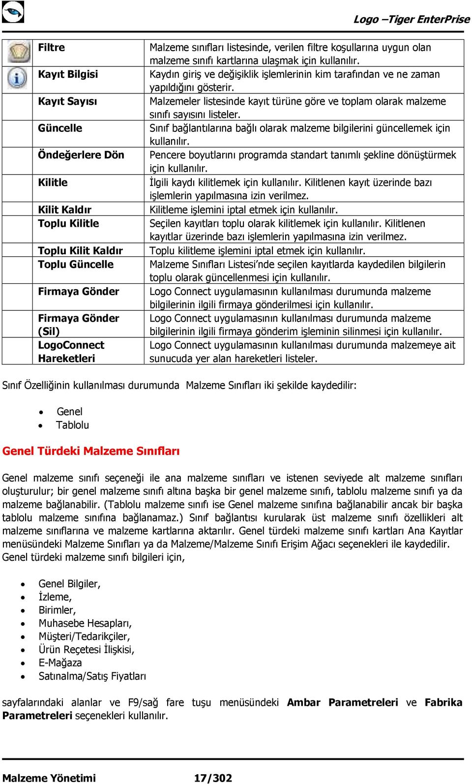 Malzemeler listesinde kayıt türüne göre ve toplam olarak malzeme sınıfı sayısını listeler. Sınıf bağlantılarına bağlı olarak malzeme bilgilerini güncellemek için kullanılır.