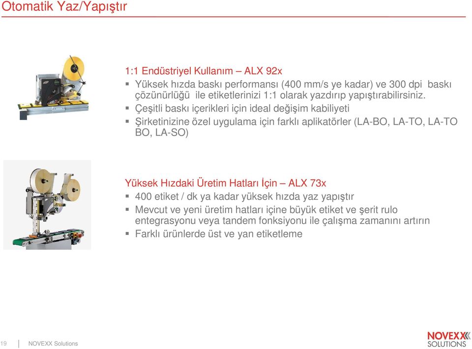 Çeşitli baskı içerikleri için ideal değişim kabiliyeti Şirketinizine özel uygulama için farklı aplikatörler (LA-BO, LA-TO, LA-TO BO, LA-SO) Yüksek