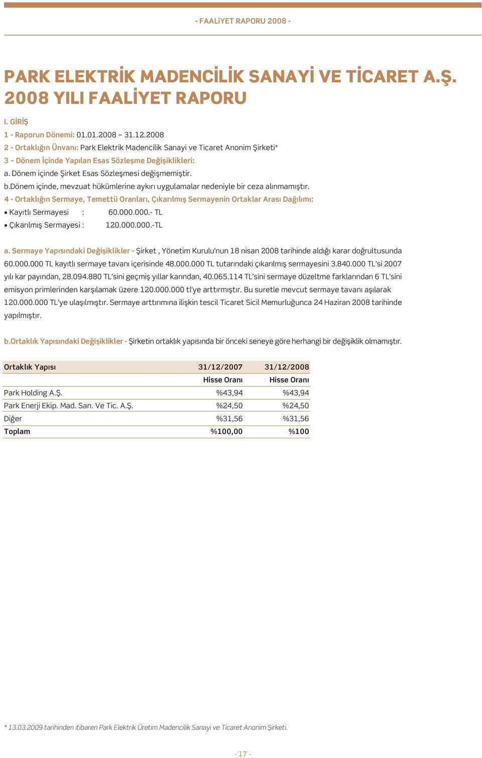 dönem içinde, mevzuat hükümlerine aykırı uygulamalar nedeniyle bir ceza alınmamıştır. 4 - Ortaklığın Sermaye, Temettü Oranları, Çıkarılmış Sermayenin Ortaklar Arası Dağılımı: Kayıtlı Sermayesi : 60.