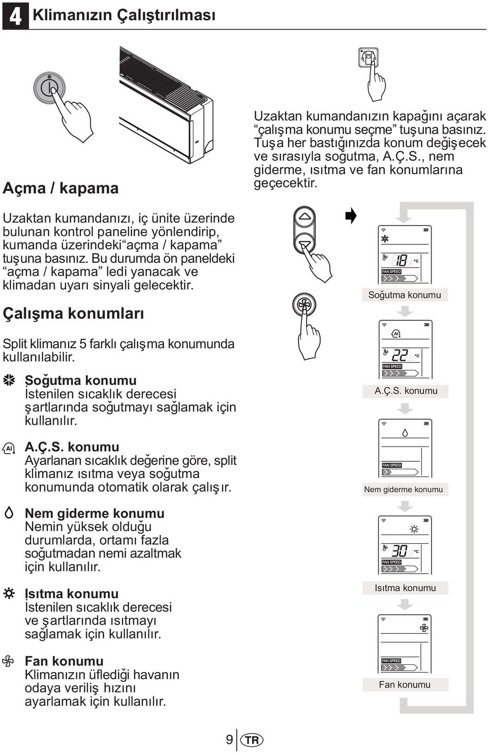 Soðutma konumu Ýstenilen sýcaklýk derecesi þartlarýnda soðutmayý saðlamak için kullanýlýr. A.Ç.S. konumu Ayarlanan sýcaklýk deðerine göre, split klimanýz ýsýtma veya soðutma konumunda otomatik olarak çalýþýr.