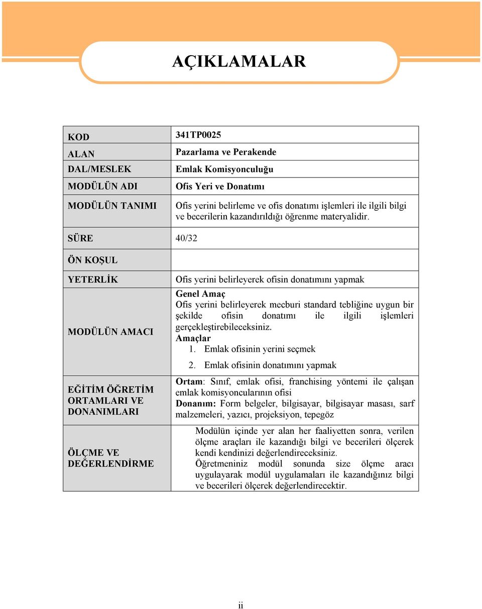 SÜRE 40/32 ÖN KOŞUL YETERLİK MODÜLÜN AMACI EĞİTİM ÖĞRETİM ORTAMLARI VE DONANIMLARI ÖLÇME VE DEĞERLENDİRME Ofis yerini belirleyerek ofisin donatımını yapmak Genel Amaç Ofis yerini belirleyerek mecburi