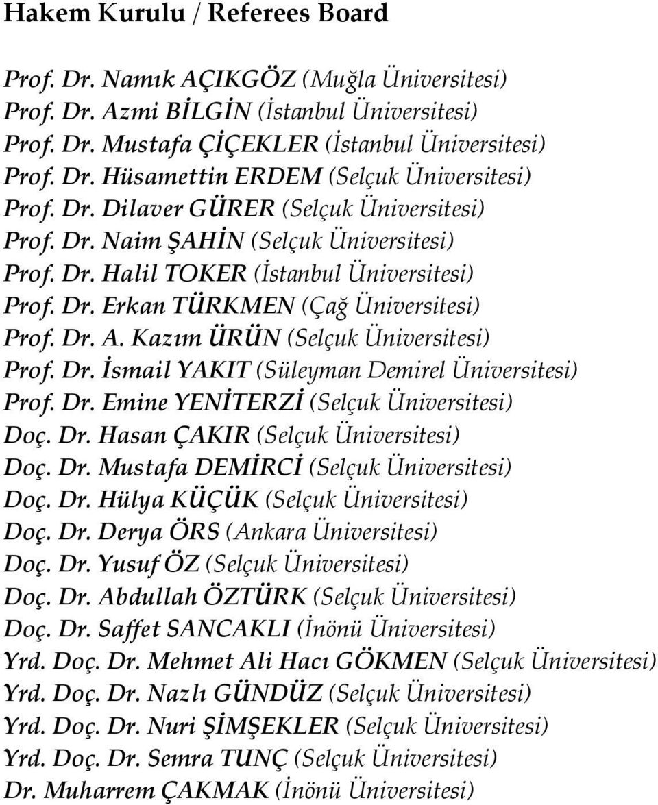 Kazım ÜRÜN (Selçuk Üniversitesi) Prof. Dr. İsmail YAKIT (Süleyman Demirel Üniversitesi) Prof. Dr. Emine YENİTERZİ (Selçuk Üniversitesi) Doç. Dr. Hasan ÇAKIR (Selçuk Üniversitesi) Doç. Dr. Mustafa DEMİRCİ (Selçuk Üniversitesi) Doç.