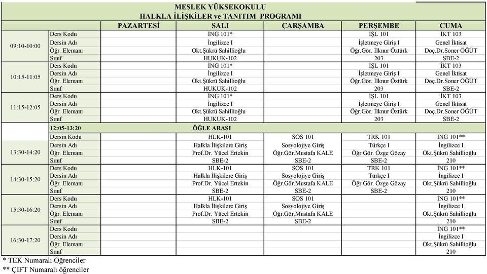 Soner ÖĞÜT Sınıf HUKUK-102 203 SBE-2 12:05-13:20 ÖĞLE ARASI Dersin Kodu HLK-101 SOS 101 TRK 101 İNG 101** Halkla İlişkilere Giriş Sosyolojiye Giriş Türkçe I İngilizce I Prof.Dr. Yücel Ertekin Öğr.Gör.