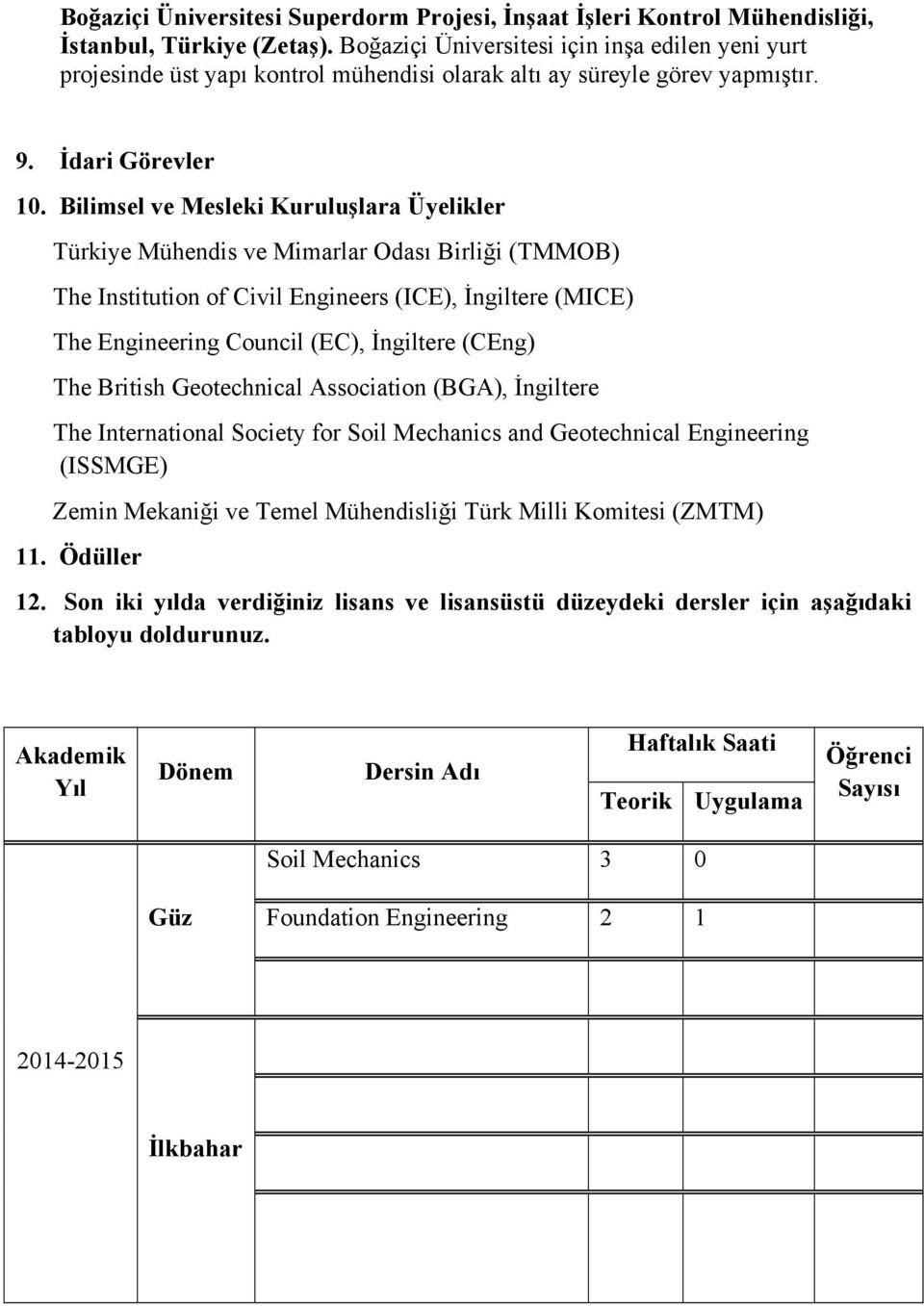 Bilimsel ve Mesleki Kuruluşlara Üyelikler Türkiye Mühendis ve Mimarlar Odası Birliği (TMMOB) The Institution of Civil Engineers (ICE), İngiltere (MICE) The Engineering Council (EC), İngiltere (CEng)