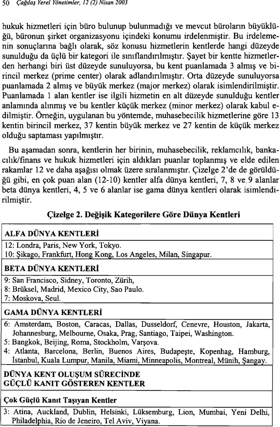 Şayet bir kentte hizmetlerden herhangi biri üst düzeyde sunuluyorsa, bu kent puanlamada 3 almış ve birincil merkez (prime center) olarak adlandınımıştır.